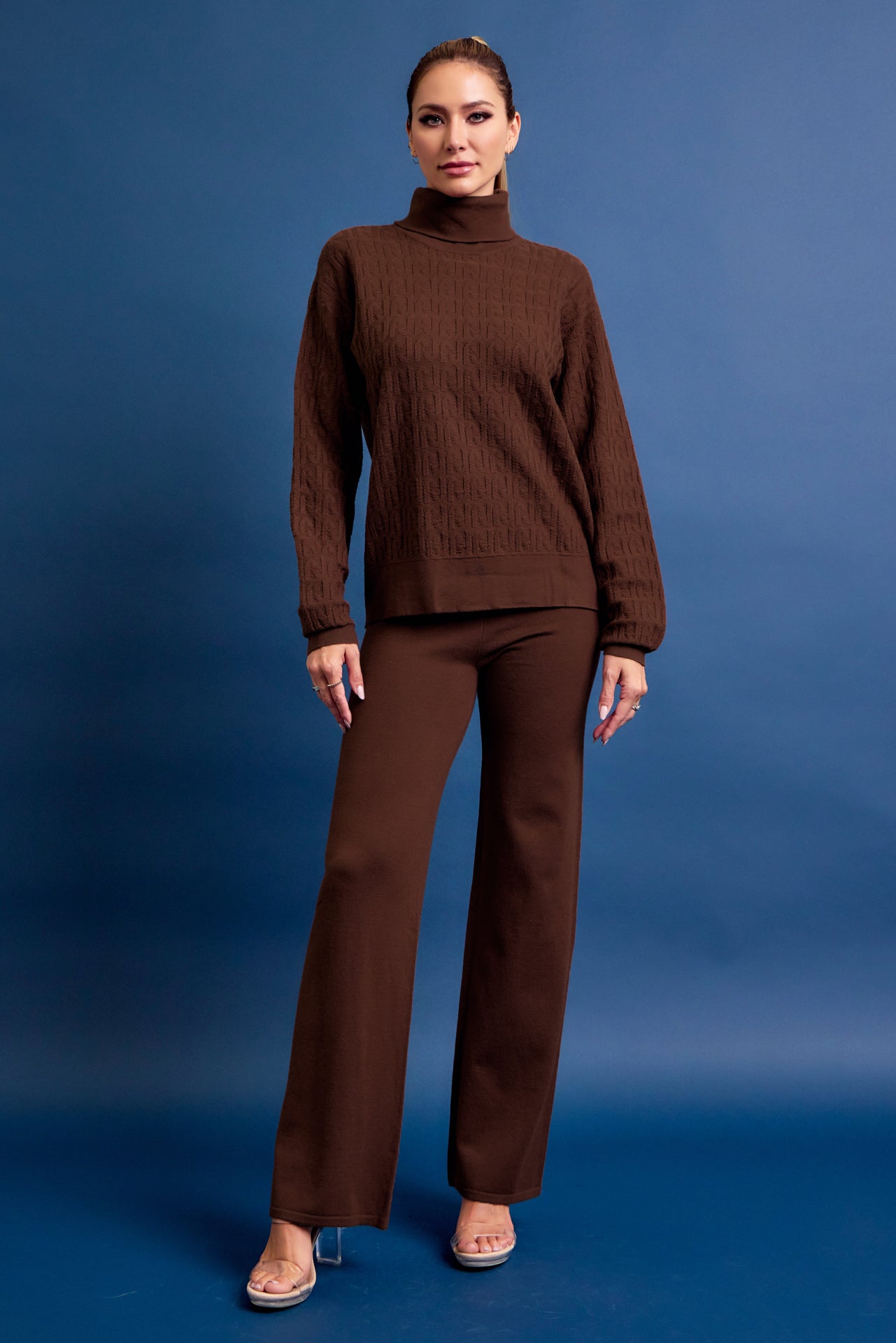 Layla Knit Textured Turtle Neck Top and Pants Set