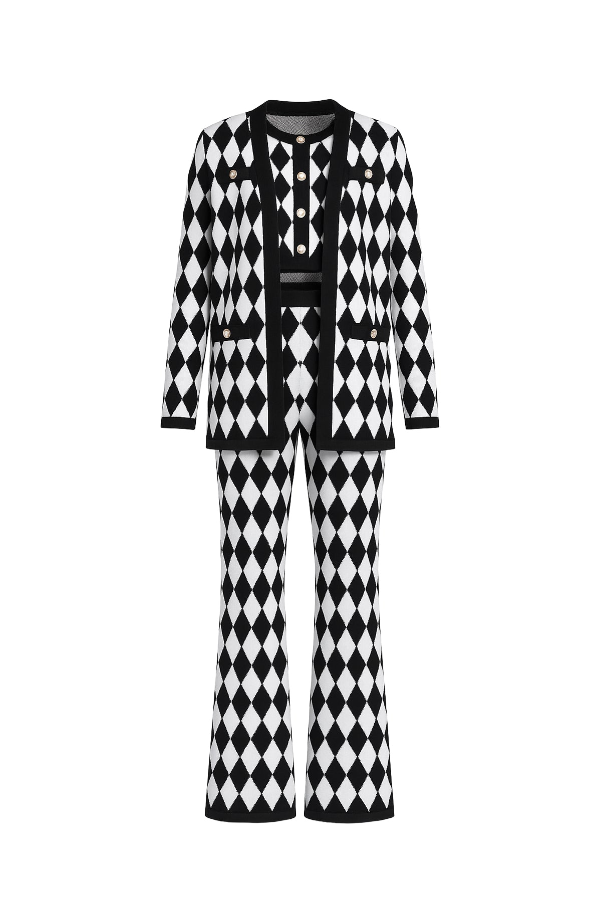 Influencer Look Diamond Knit Cardigan, Top, and Pants Set