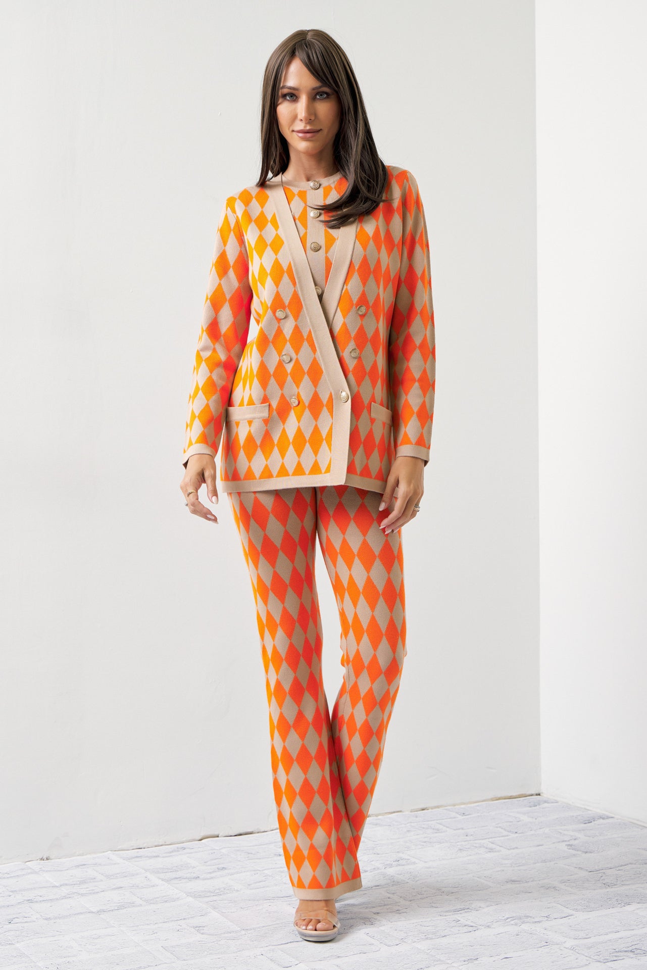 Influencer Look Diamond Knit Cardigan, Top, and Pants Set