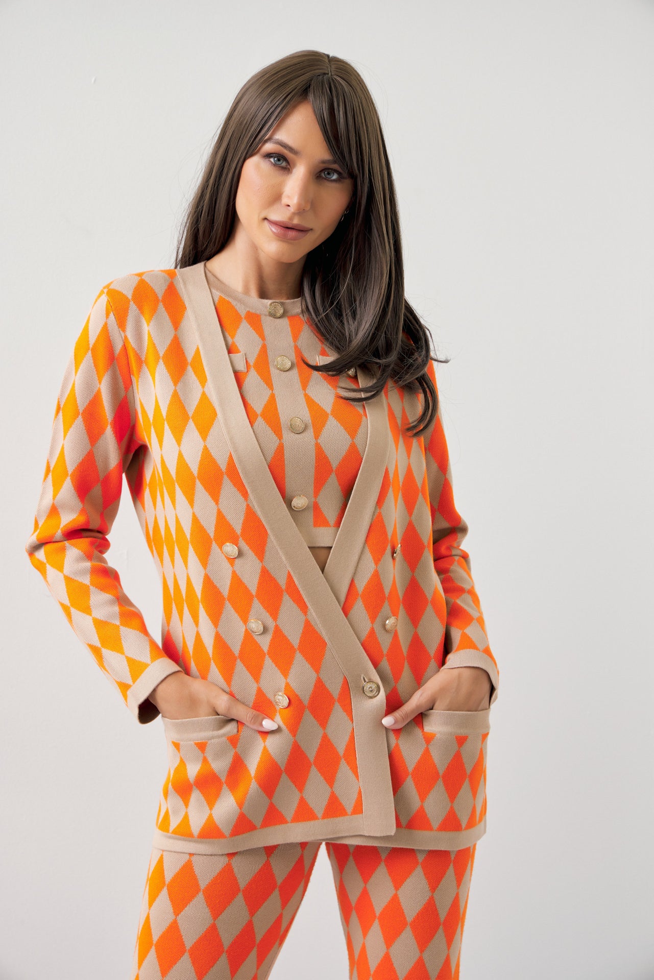 Influencer Look Diamond Knit Cardigan, Top, and Pants Set