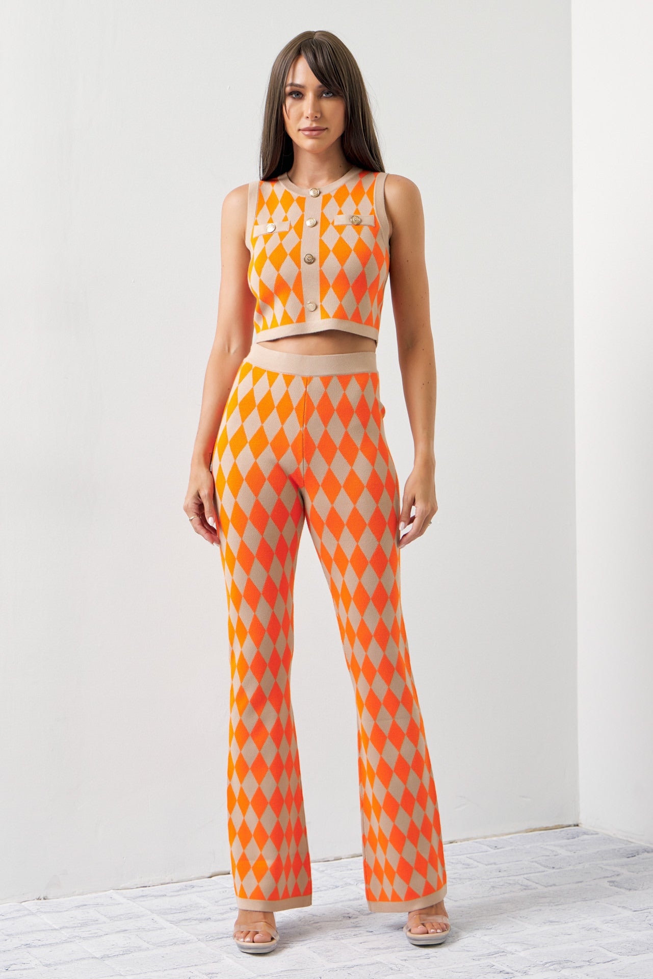 Influencer Look Diamond Knit Cardigan, Top, and Pants Set