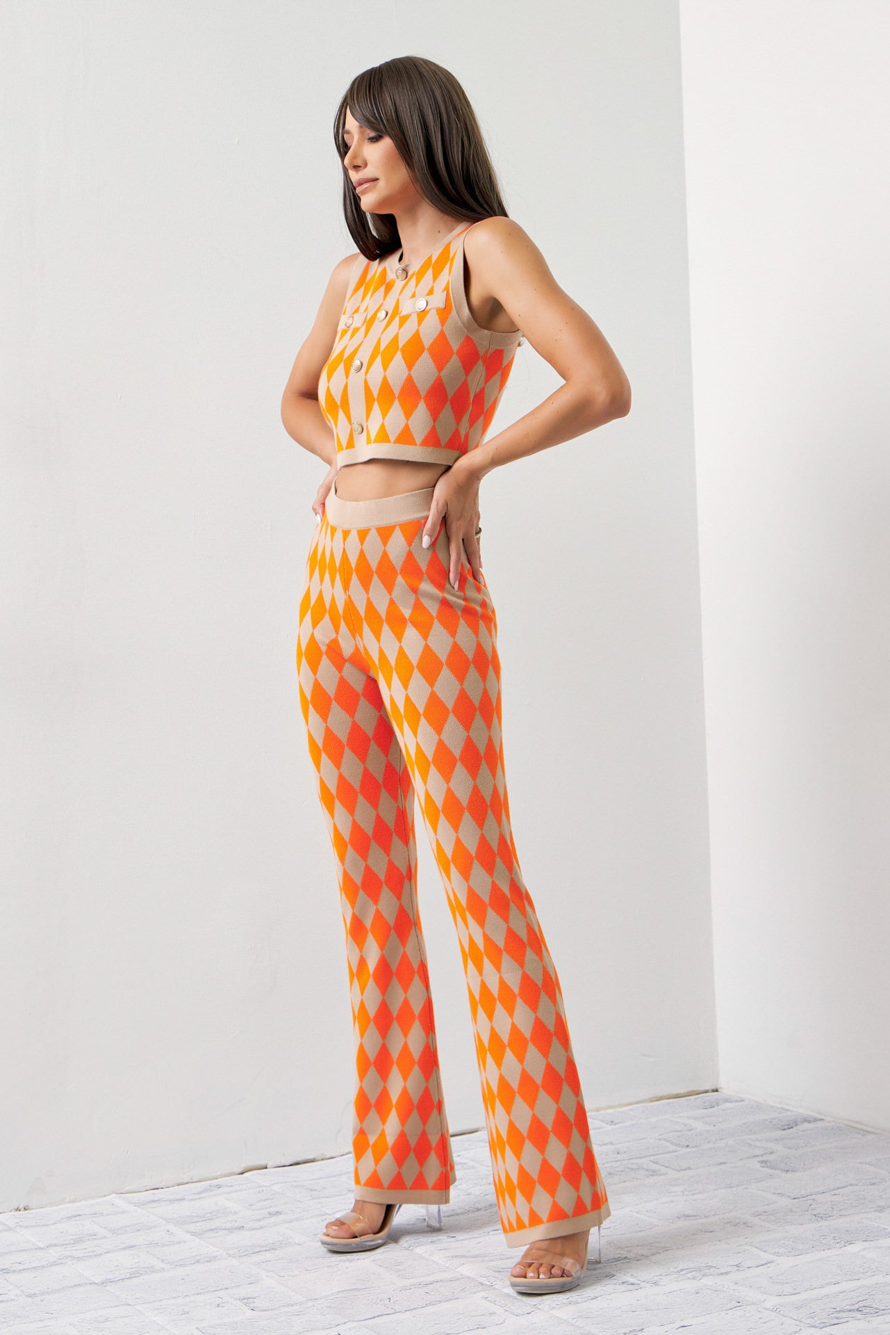 Influencer Look Diamond Knit Cardigan, Top, and Pants Set