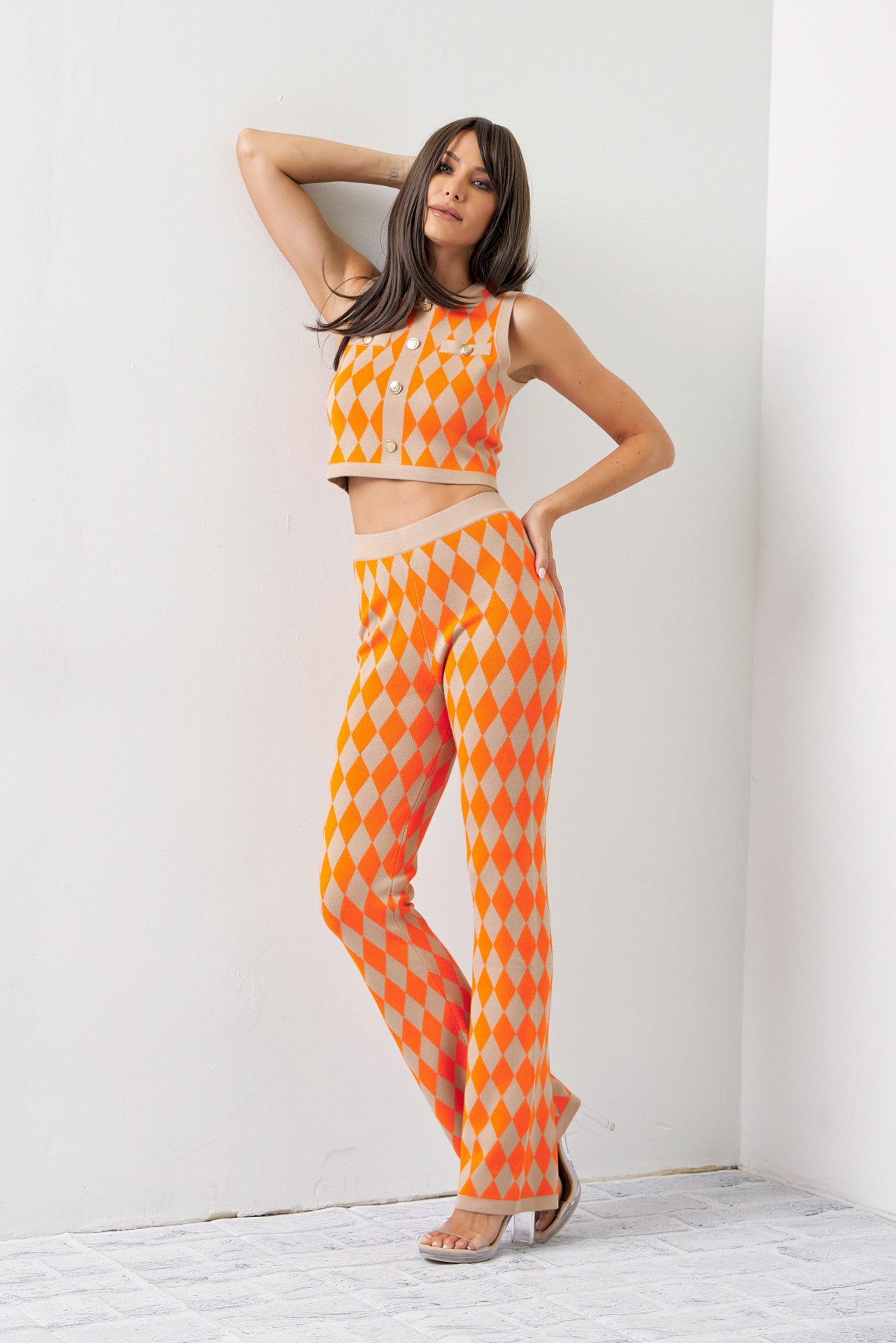 Influencer Look Diamond Knit Cardigan, Top, and Pants Set