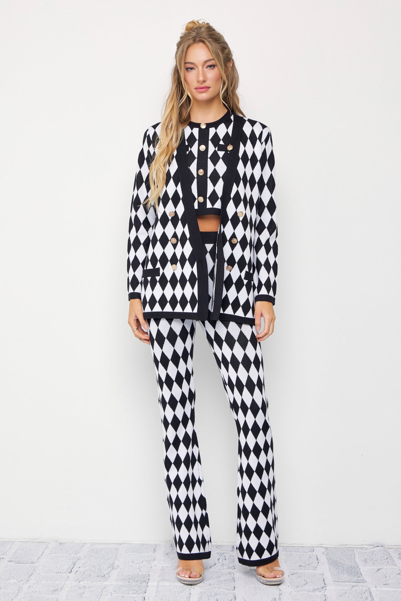 Influencer Look Diamond Knit Cardigan, Top, and Pants Set