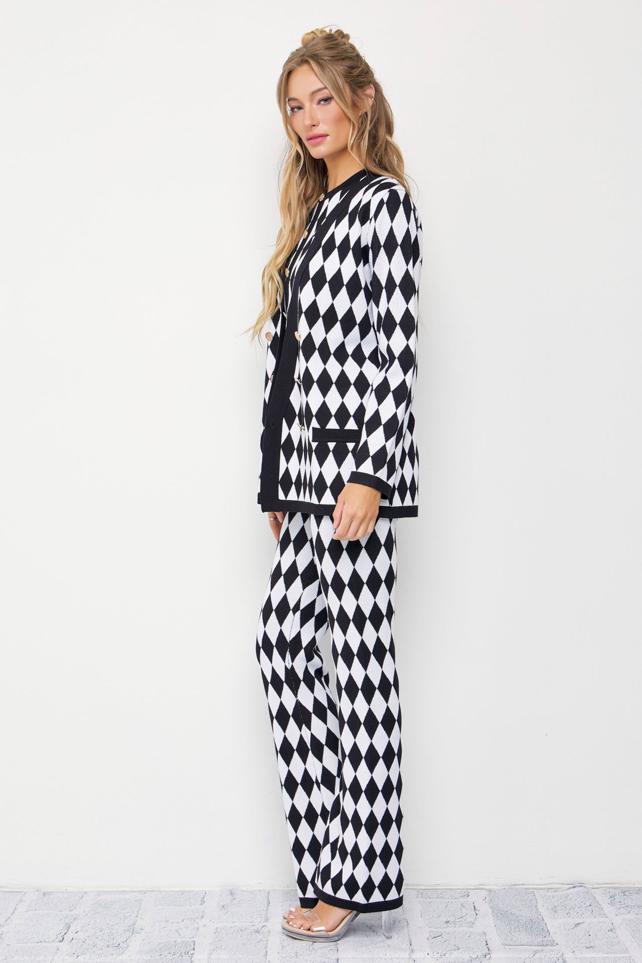 Influencer Look Diamond Knit Cardigan, Top, and Pants Set