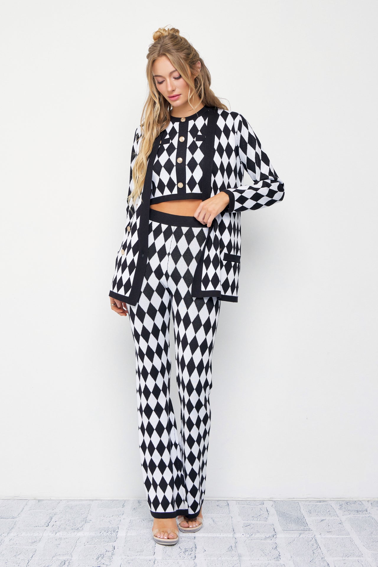 Influencer Look Diamond Knit Cardigan, Top, and Pants Set