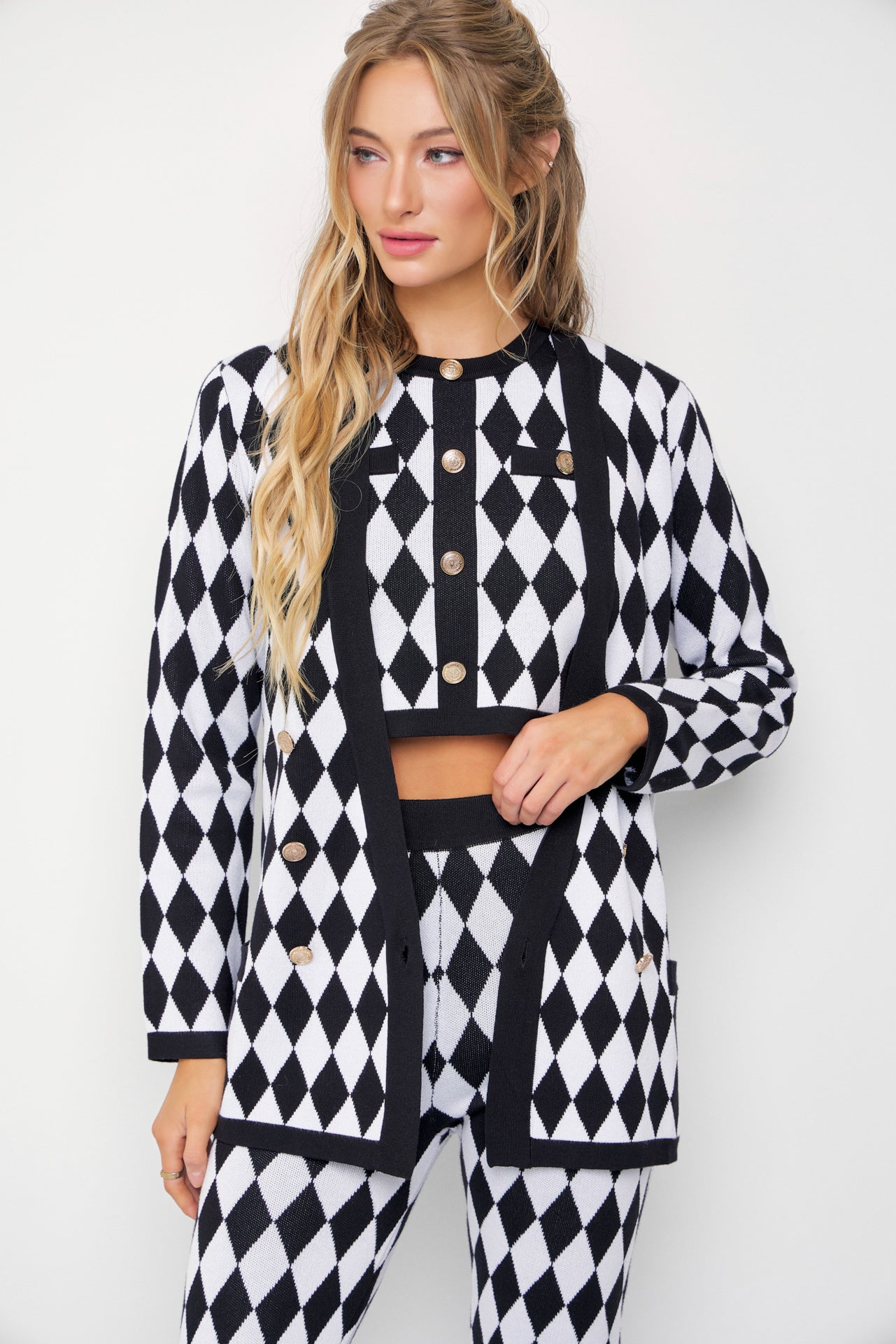 Influencer Look Diamond Knit Cardigan, Top, and Pants Set