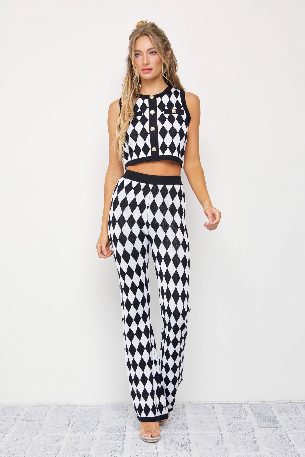 Influencer Look Diamond Knit Cardigan, Top, and Pants Set