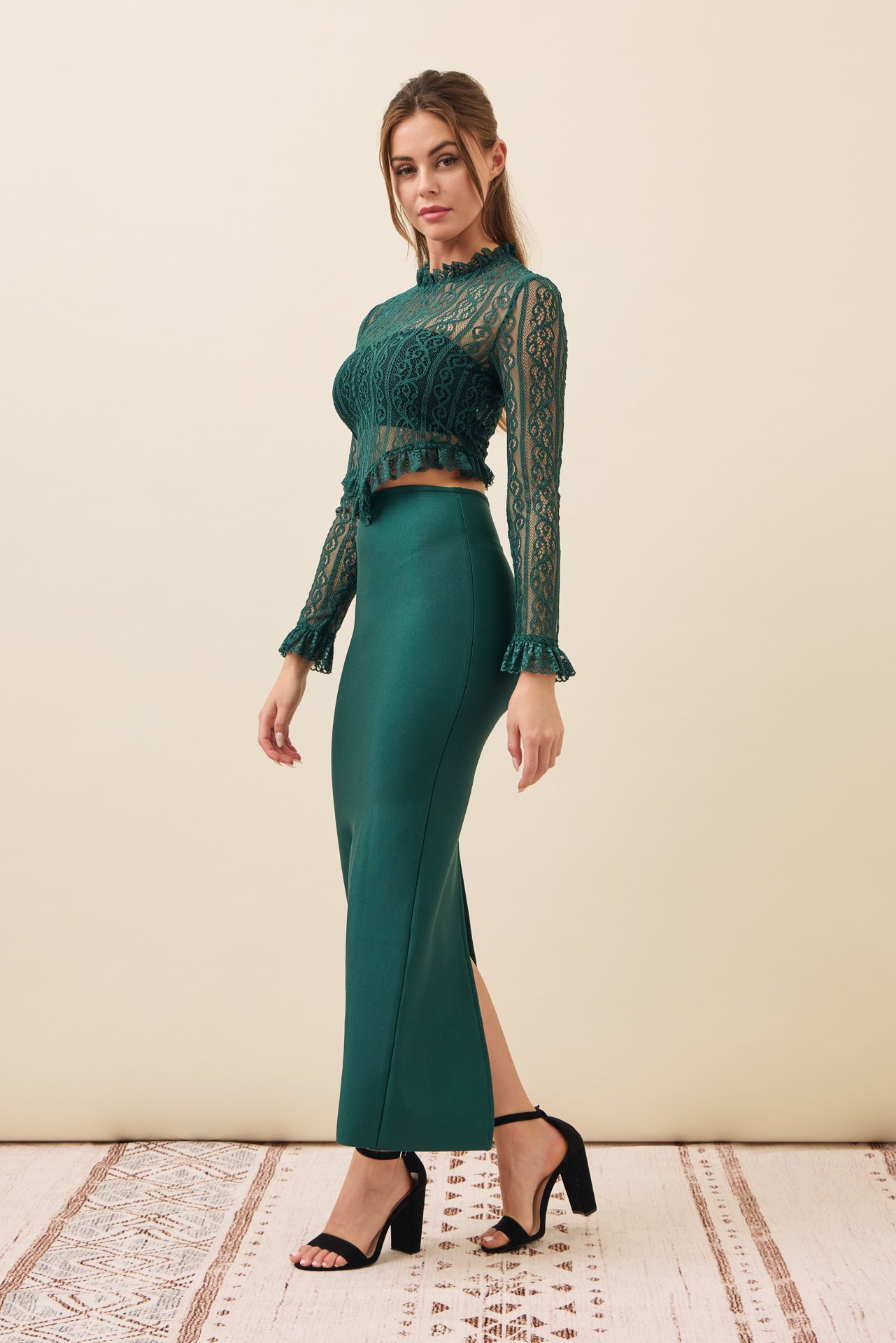 Lace Long Slv Top with Ruffles and Bandage Midi Skirt Set