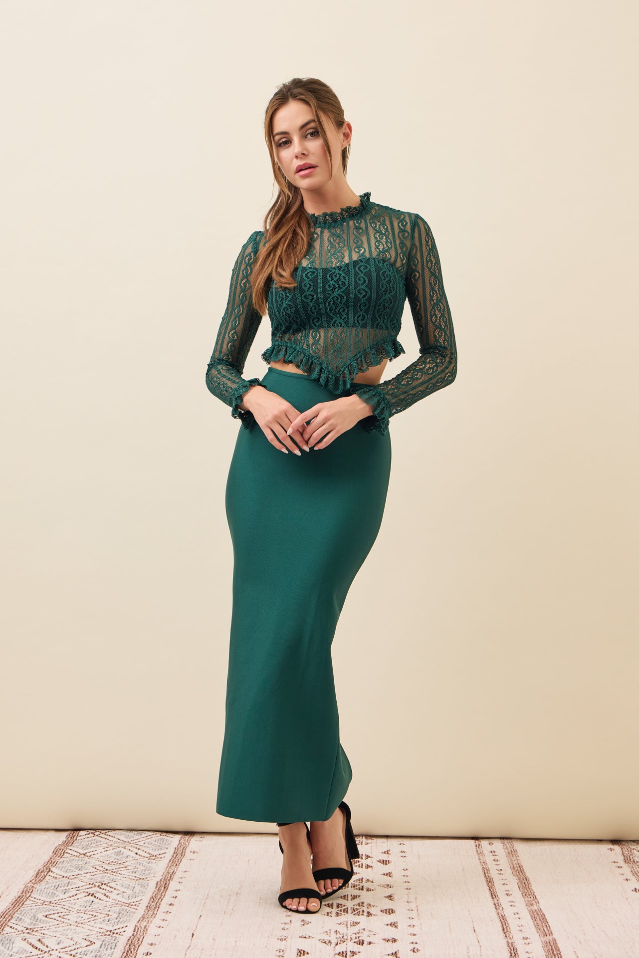 Lace Long Slv Top with Ruffles and Bandage Midi Skirt Set