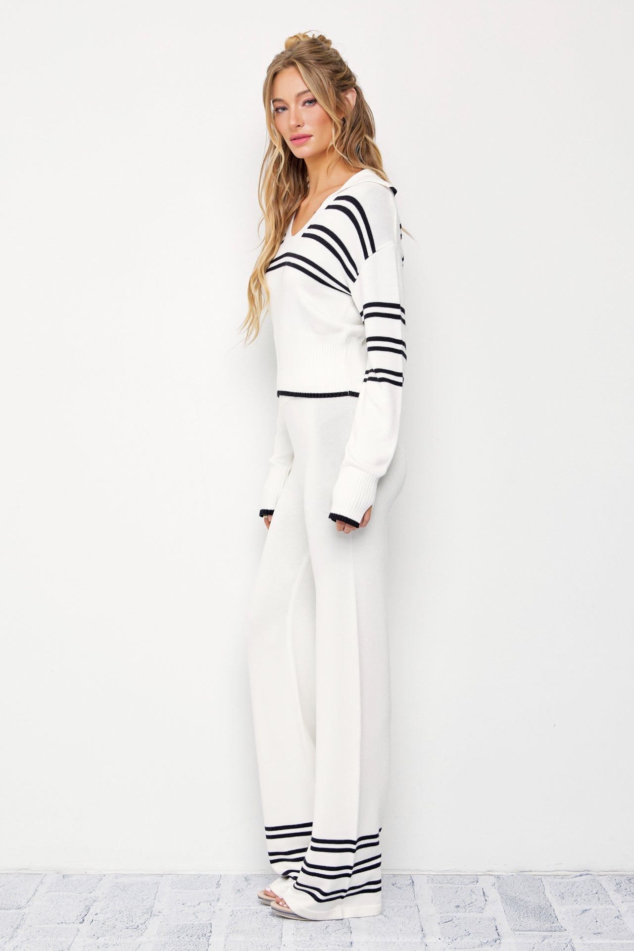 Evelyn Stripe Knit Collar Top and Pants Set