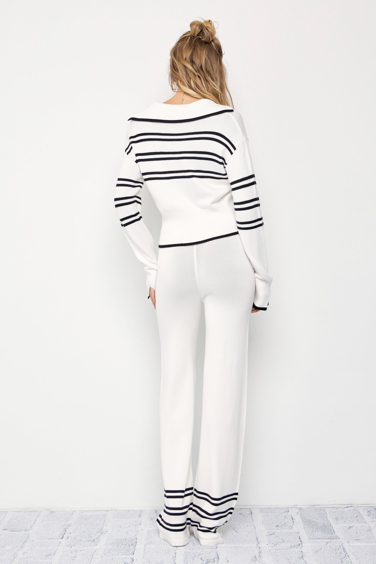 Evelyn Stripe Knit Collar Top and Pants Set