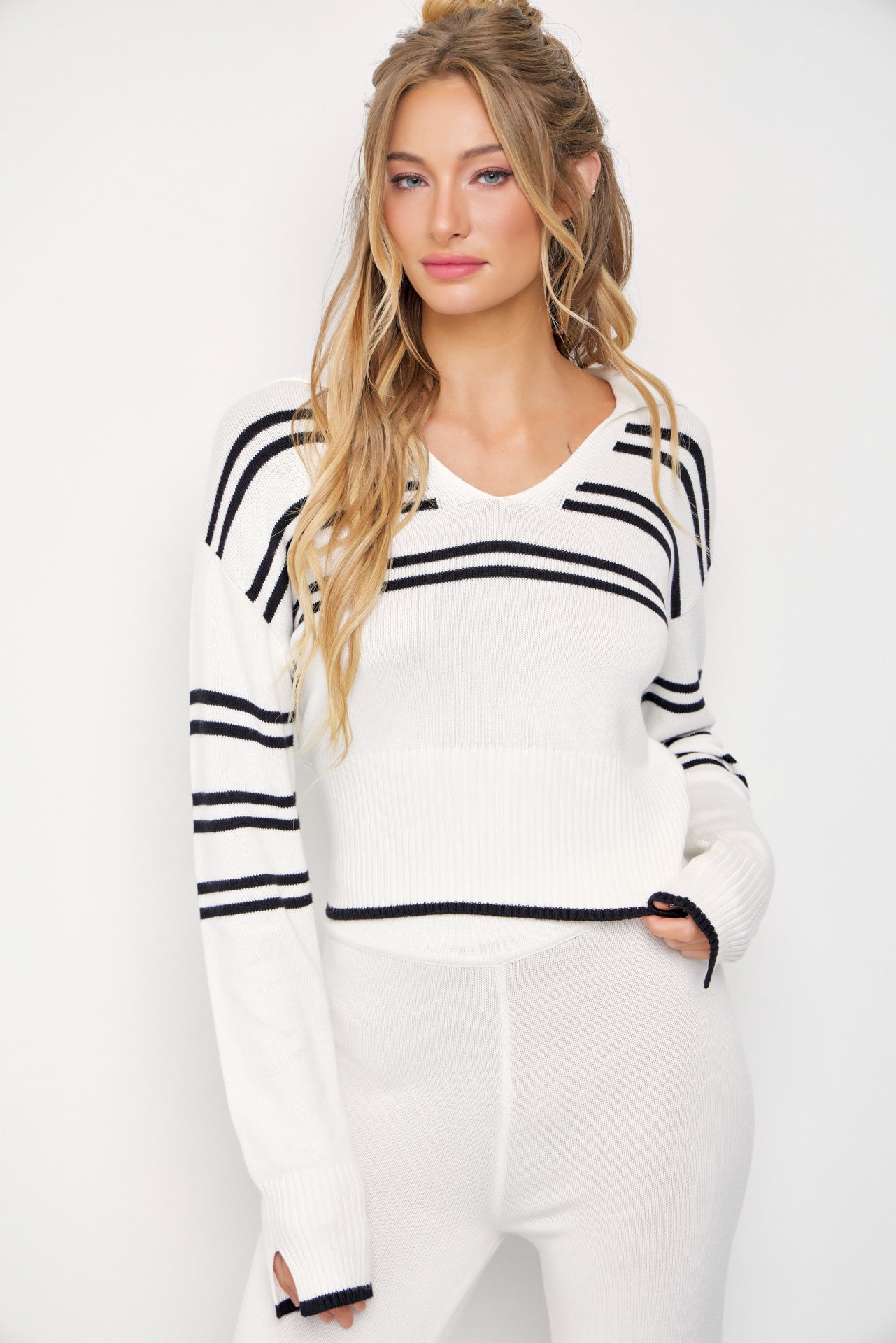 Evelyn Stripe Knit Collar Top and Pants Set