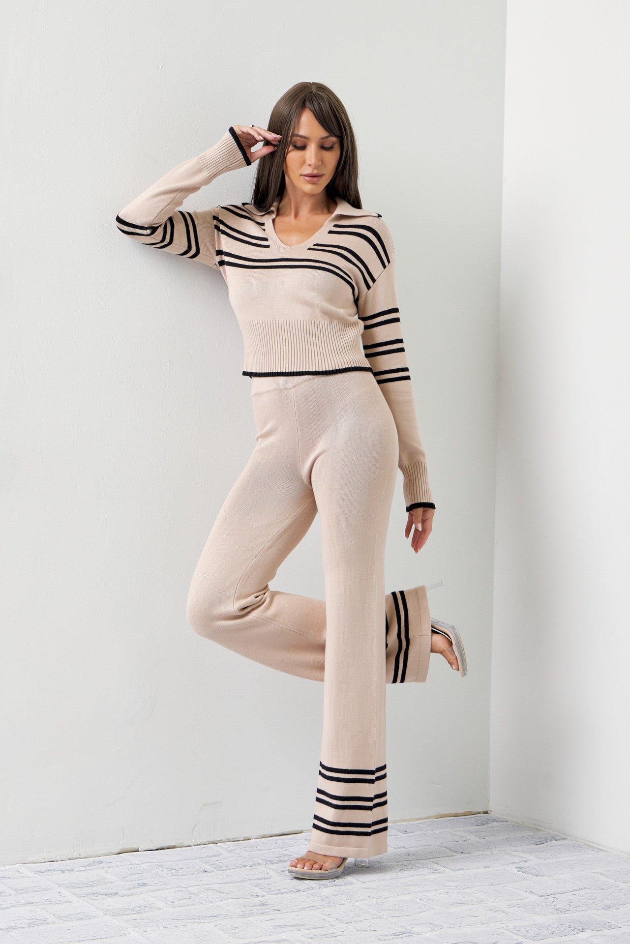 Evelyn Stripe Knit Collar Top and Pants Set
