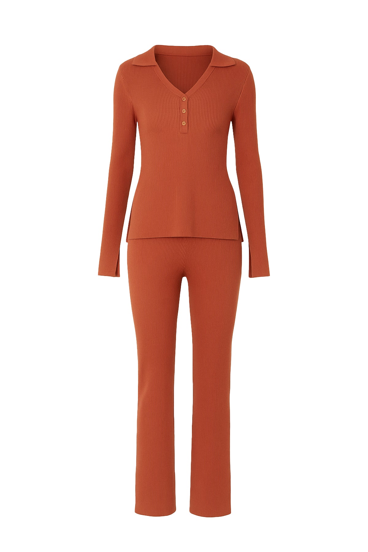 Say Less Knit Collar Long Sleeve Top and Pants Set with Slit