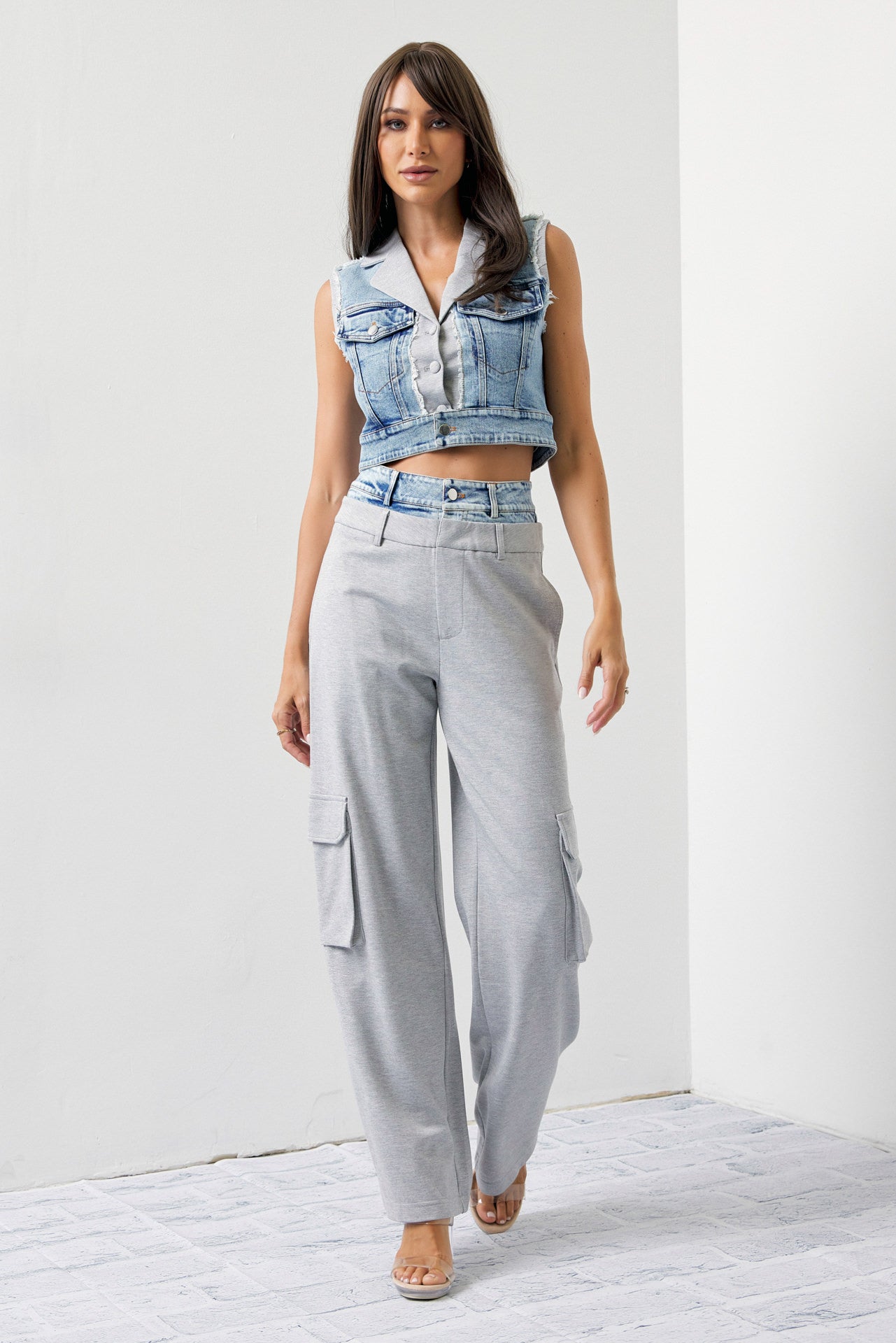 Arleen Mixed Fabric Denim Vest and Cargo Pants Set