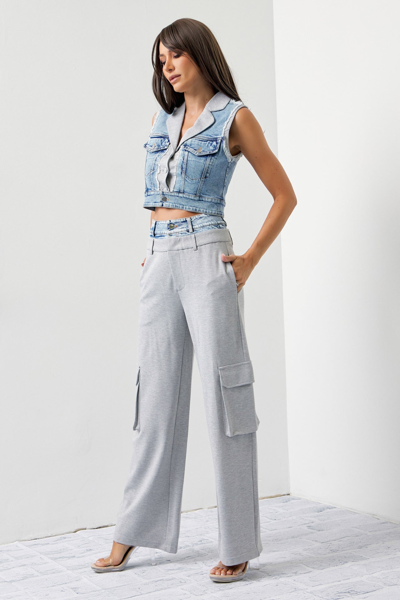 Arleen Mixed Fabric Denim Vest and Cargo Pants Set