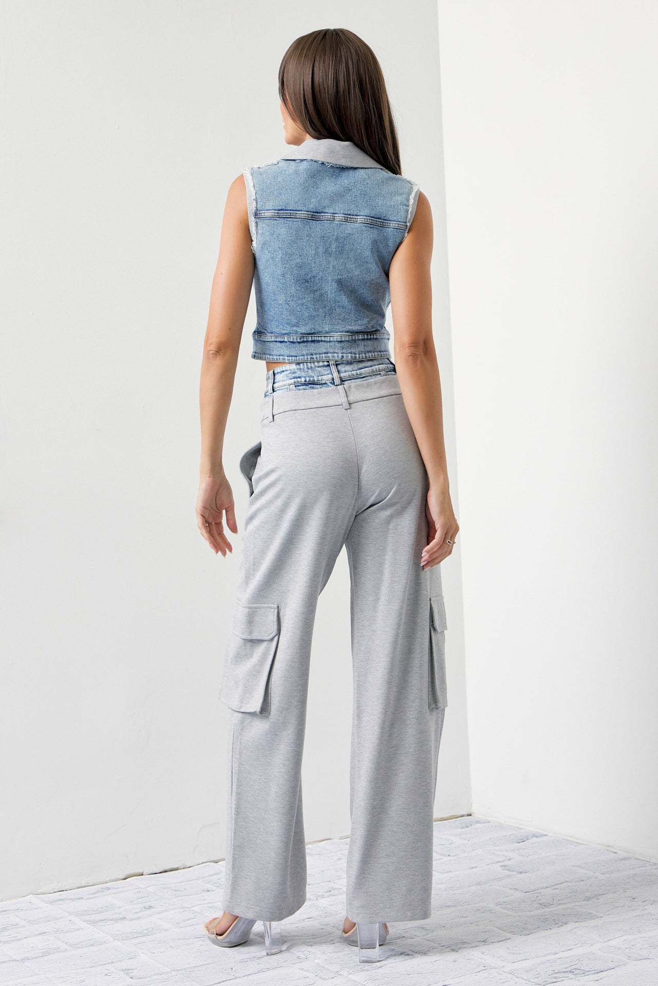 Arleen Mixed Fabric Denim Vest and Cargo Pants Set