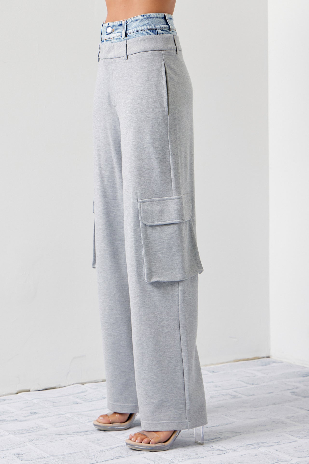 Arleen Mixed Fabric Denim Vest and Cargo Pants Set