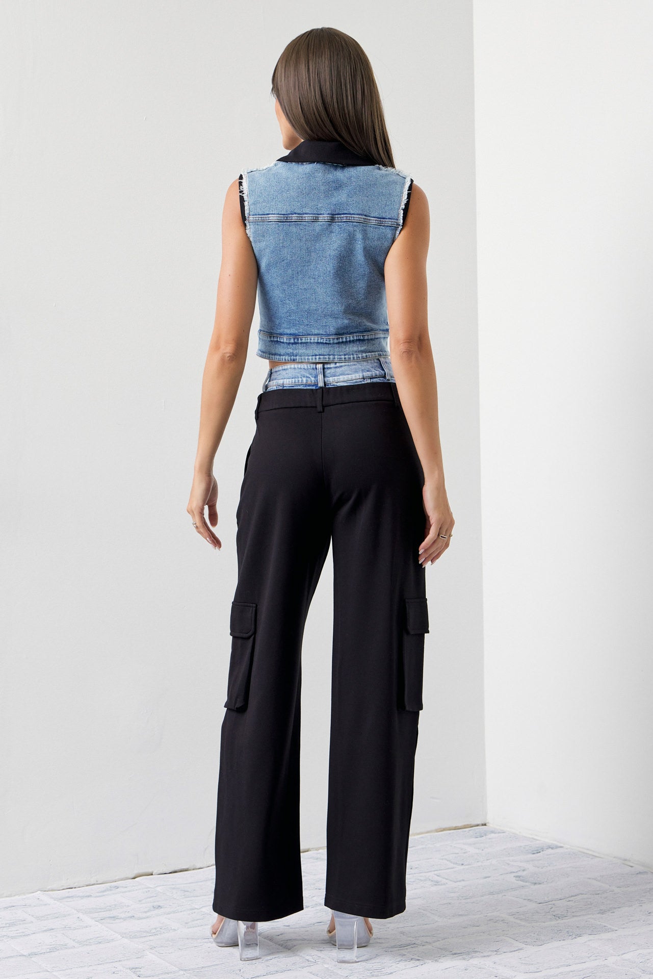 Arleen Mixed Fabric Denim Vest and Cargo Pants Set