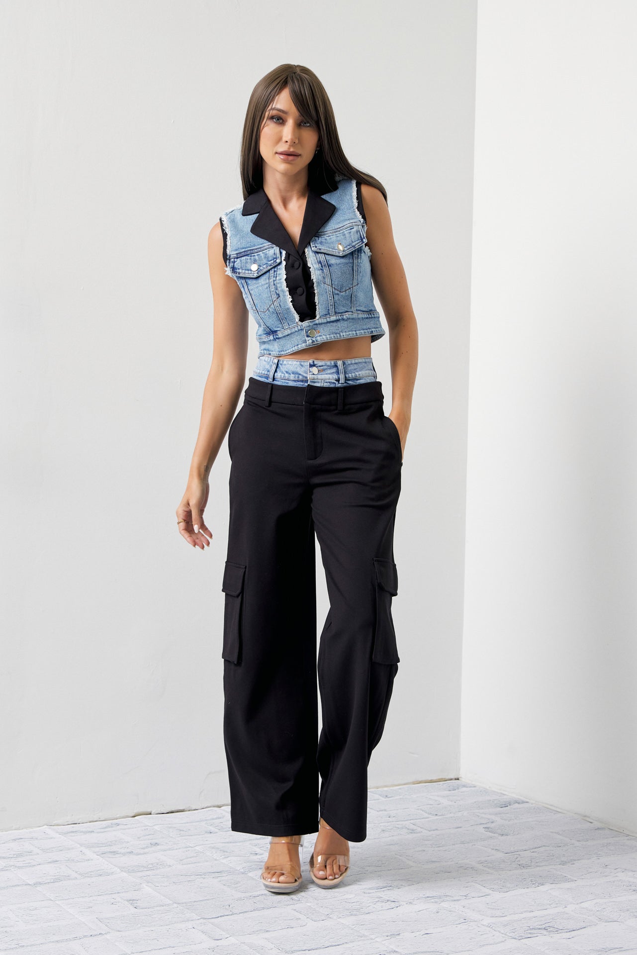 Arleen Mixed Fabric Denim Vest and Cargo Pants Set