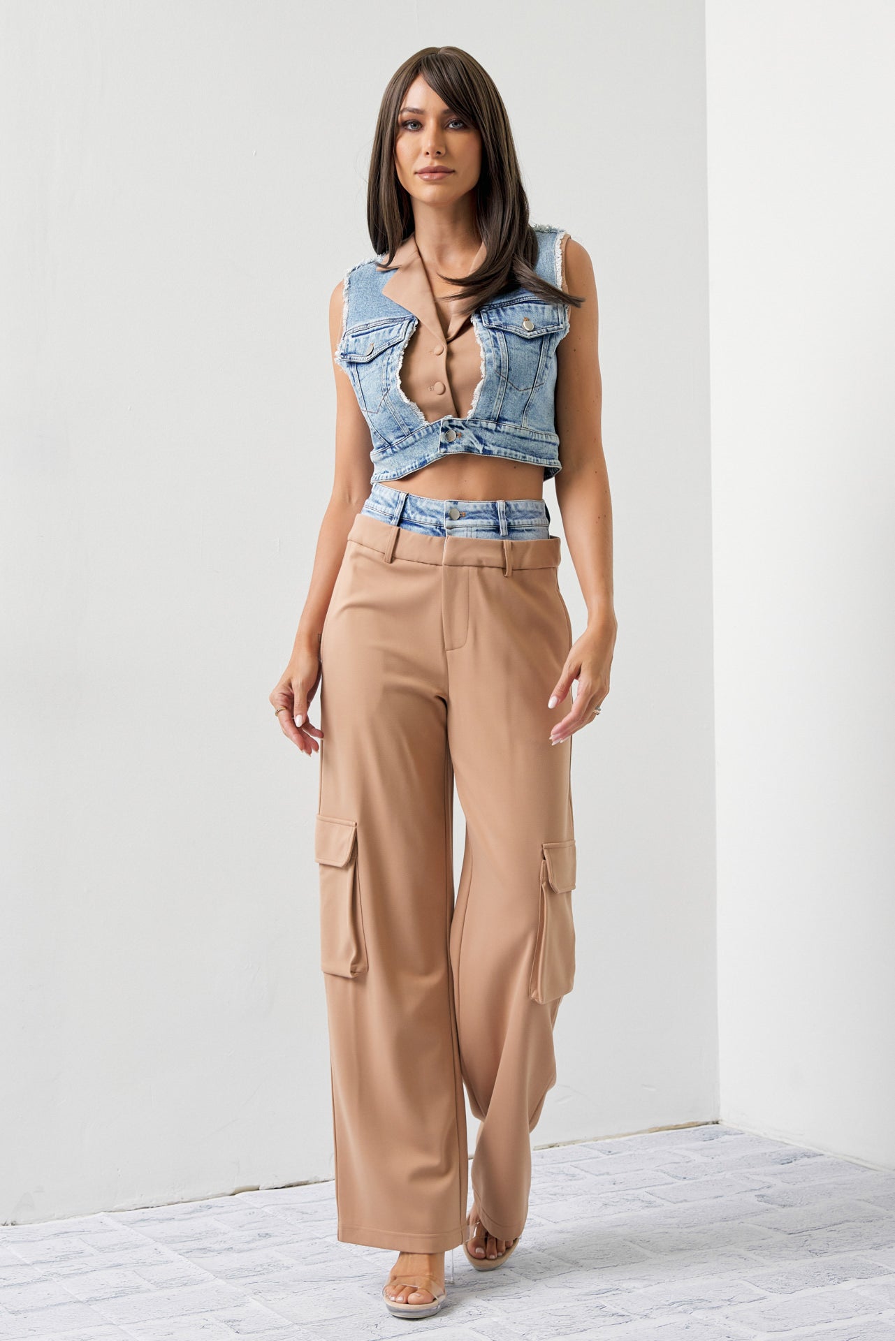 Arleen Mixed Fabric Denim Vest and Cargo Pants Set