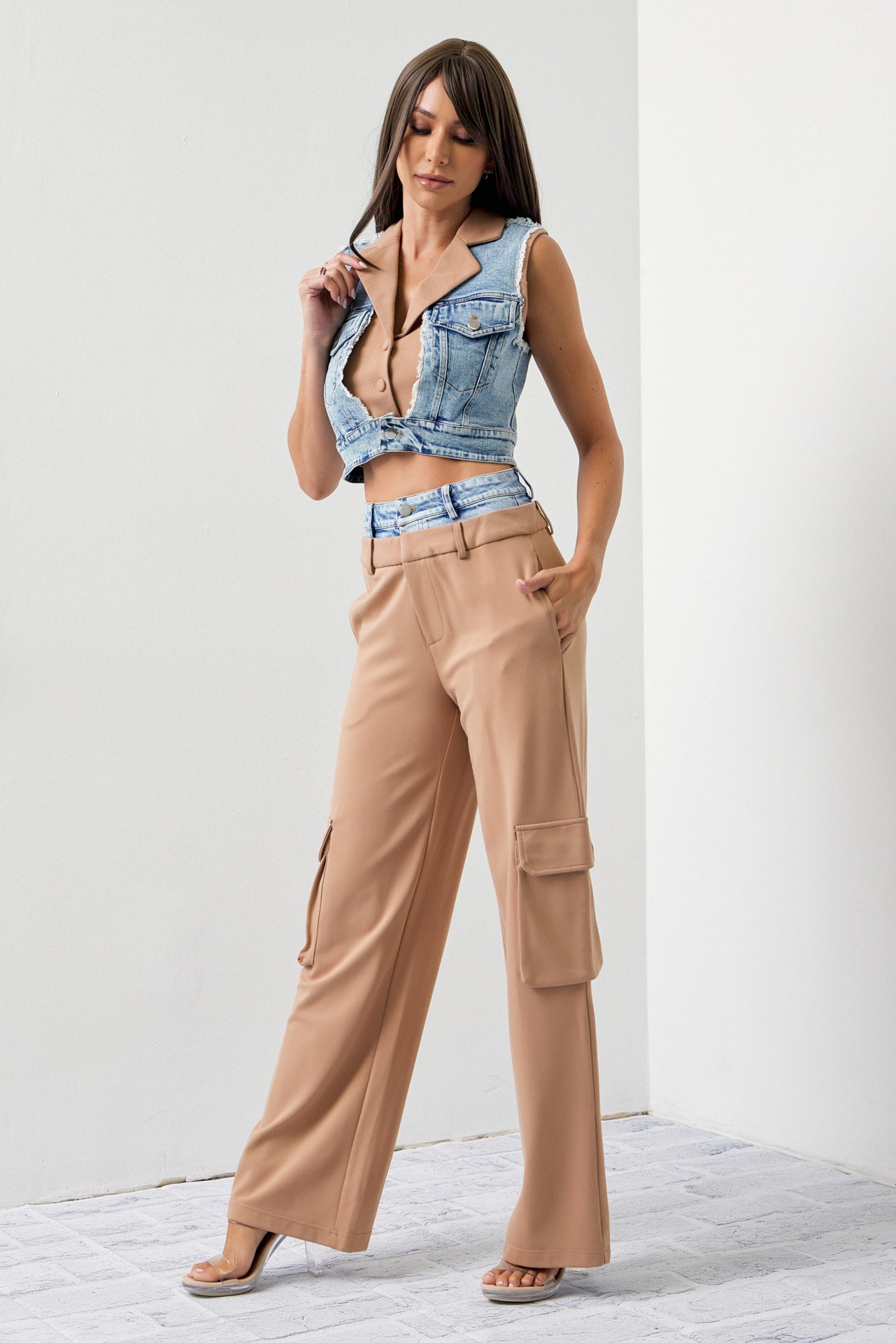 Arleen Mixed Fabric Denim Vest and Cargo Pants Set