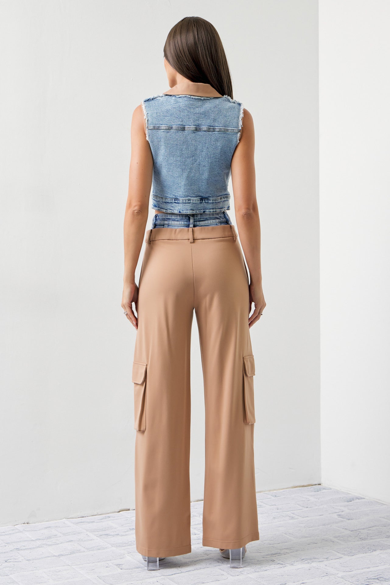 Arleen Mixed Fabric Denim Vest and Cargo Pants Set
