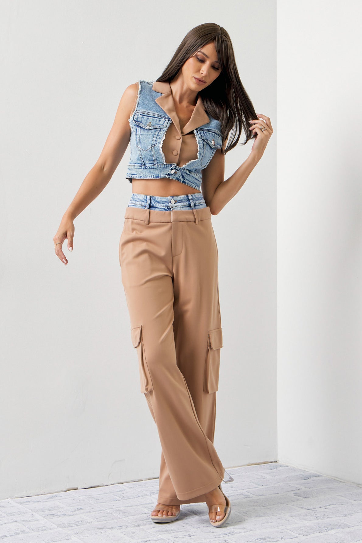 Arleen Mixed Fabric Denim Vest and Cargo Pants Set