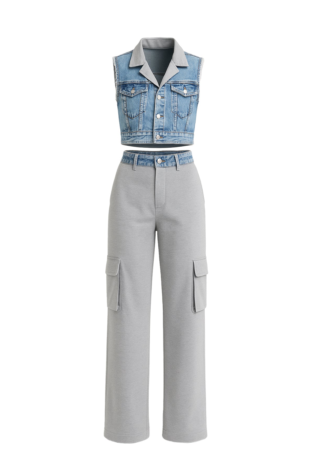 Arleen Mixed Fabric Denim Vest and Cargo Pants Set