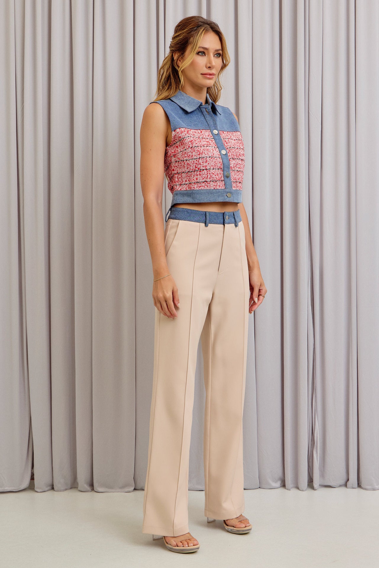 Modest Spring Denim Mixed Fabric Vest & Pants Set