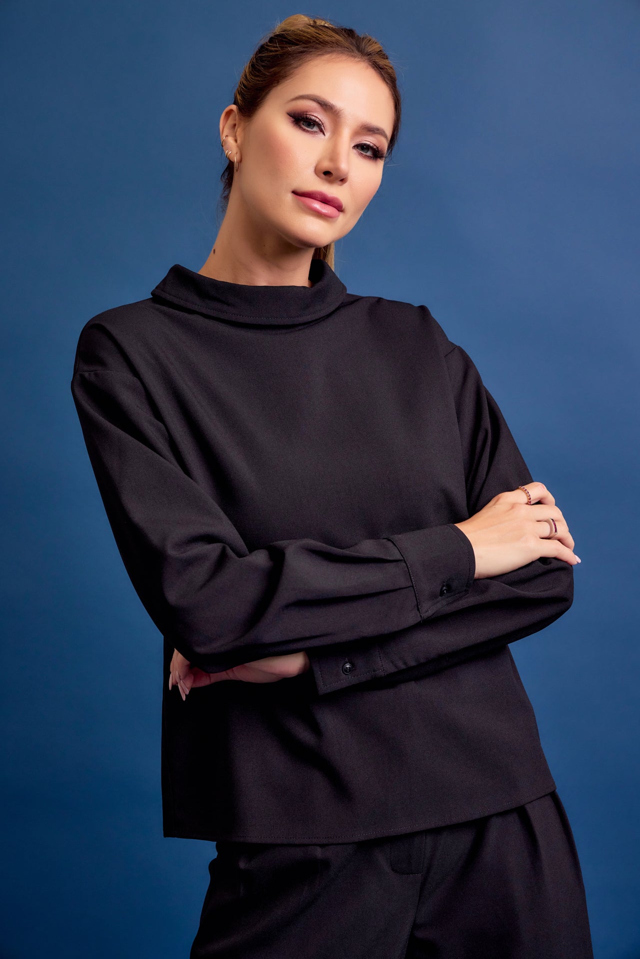 Formal Things Woven Mock Neck Long Sleeve Top and Pants Set