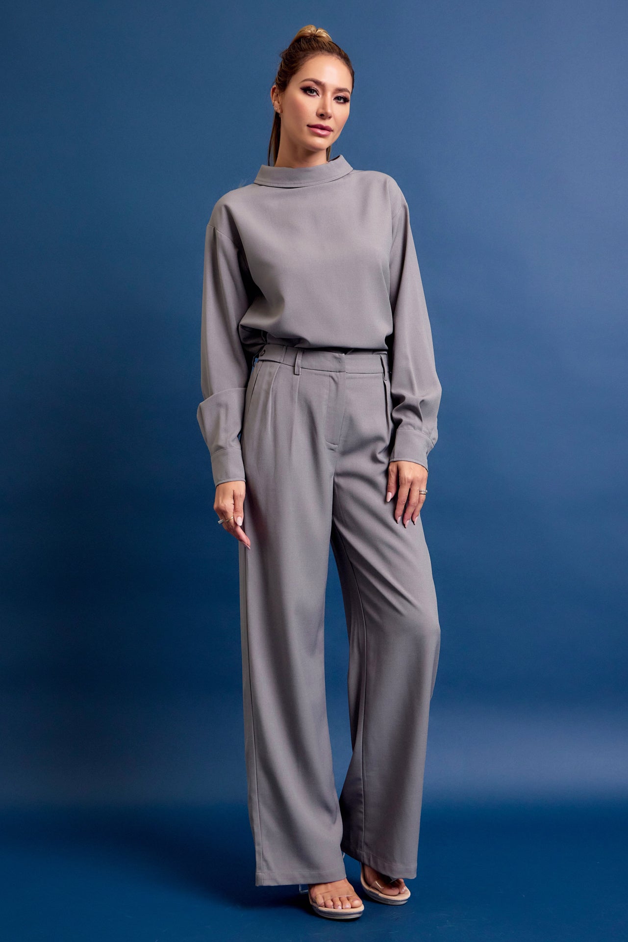 Formal Things Woven Mock Neck Long Sleeve Top and Pants Set