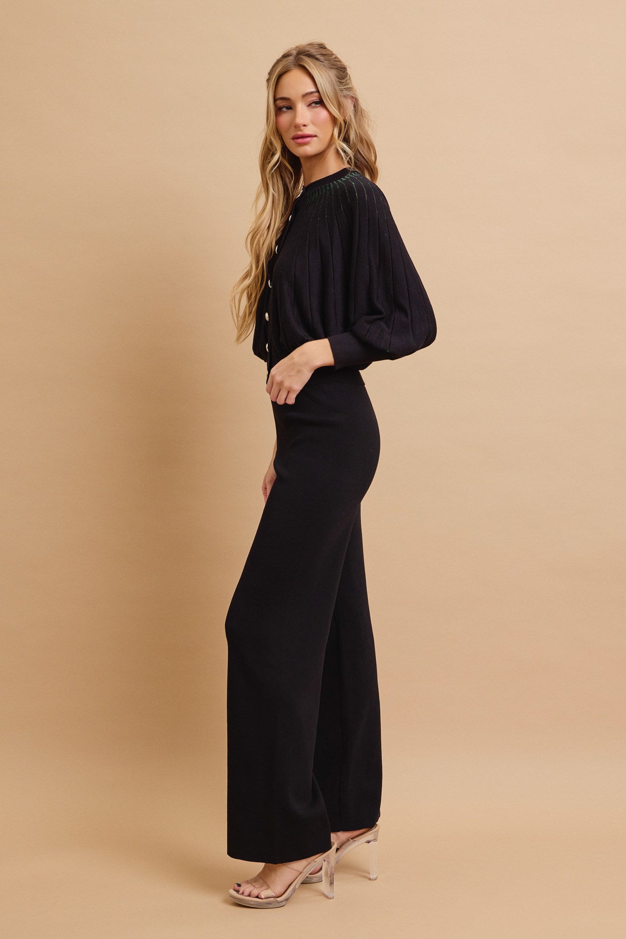Knit Lurex Stripe Bat Wing Sleeve Cardigan and Pants Set