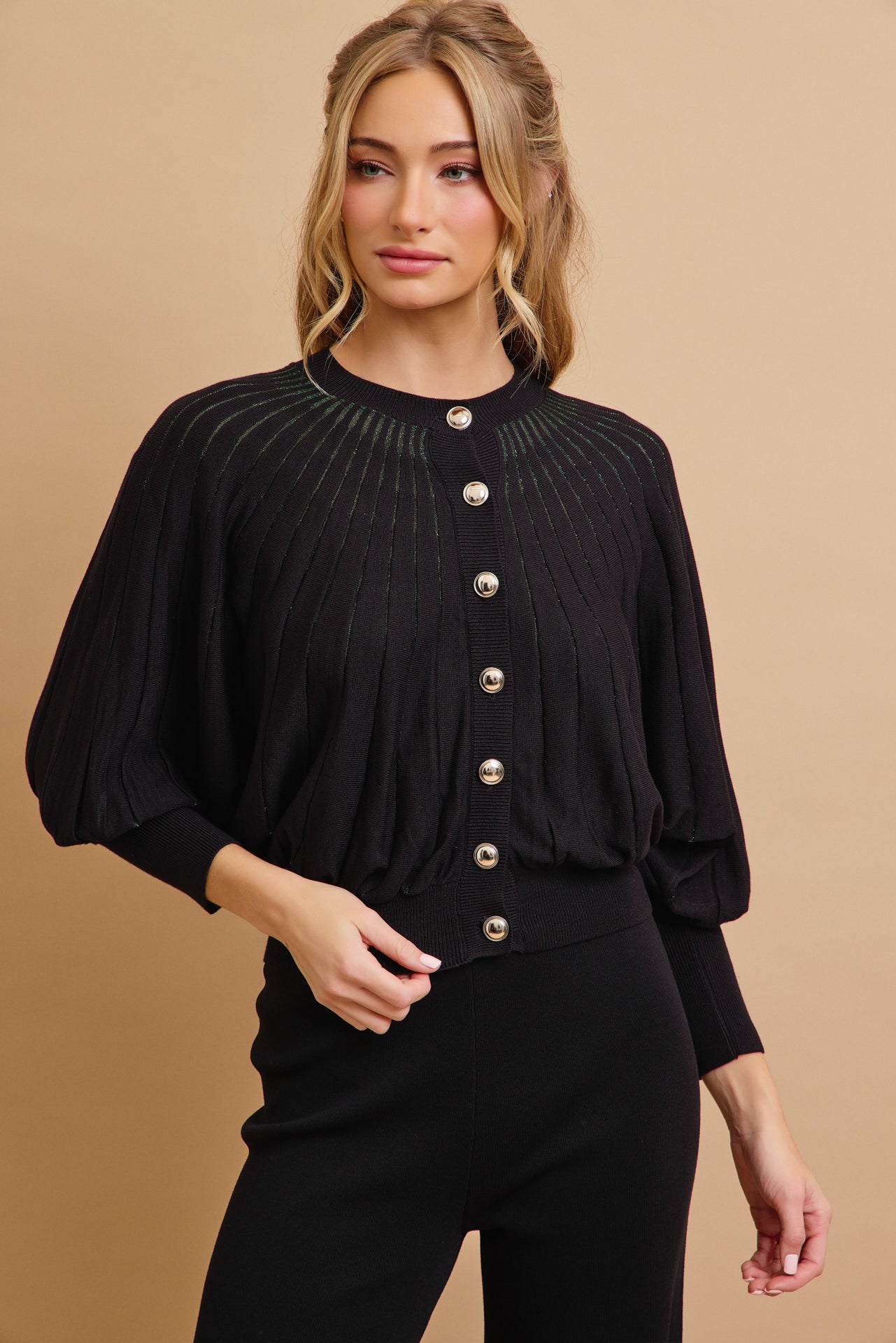 Knit Lurex Stripe Bat Wing Sleeve Cardigan and Pants Set