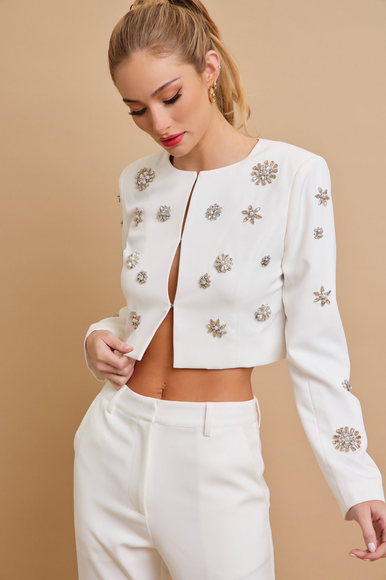 Guesting Woven Embellished Jacket and Flare Pants Set