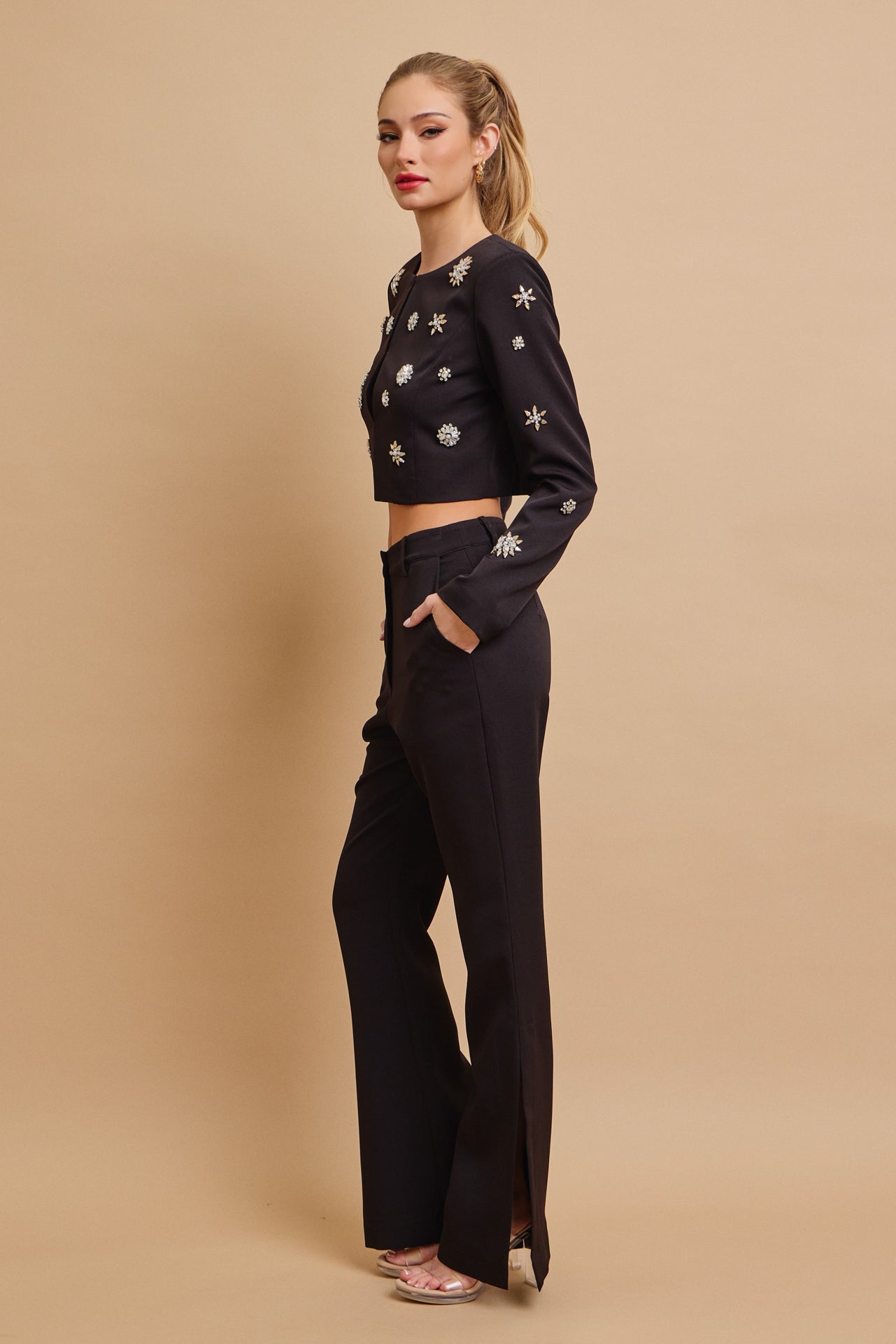 Guesting Woven Embellished Jacket and Flare Pants Set