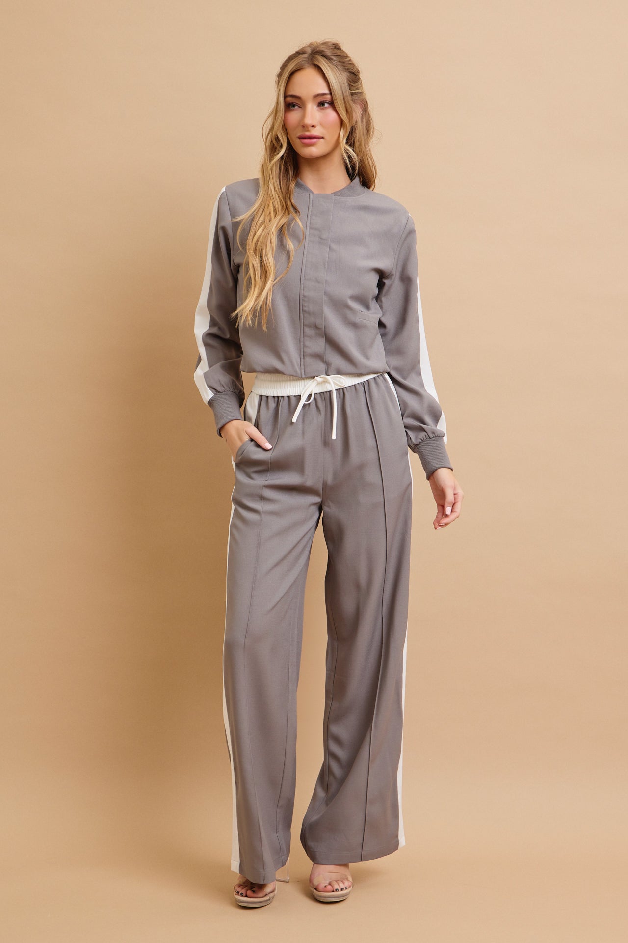 Clara Woven Jacket and Pants Set With Contrast Stripe
