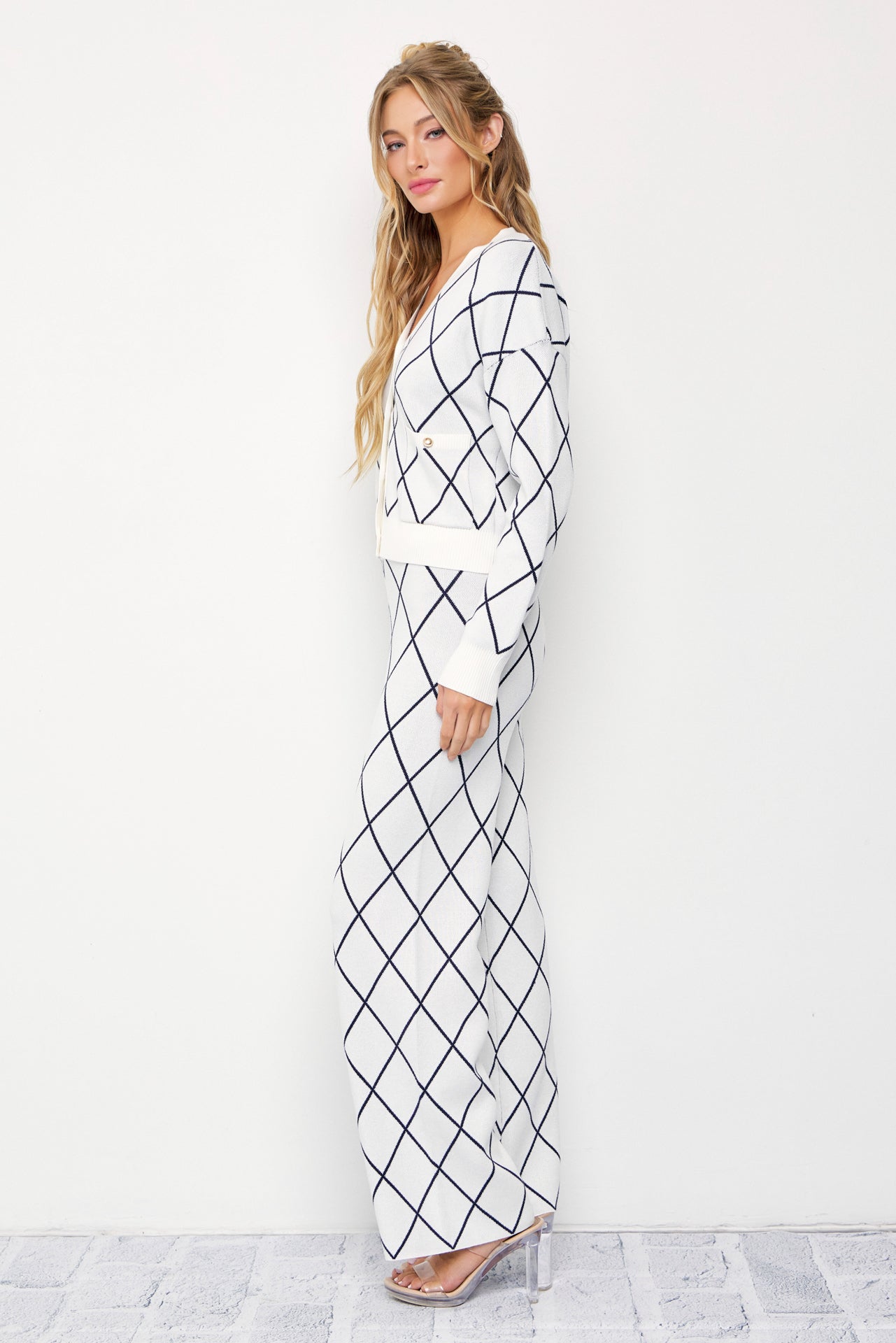 Vivi Diamond Pattern Knit Cardigan and Pants Set