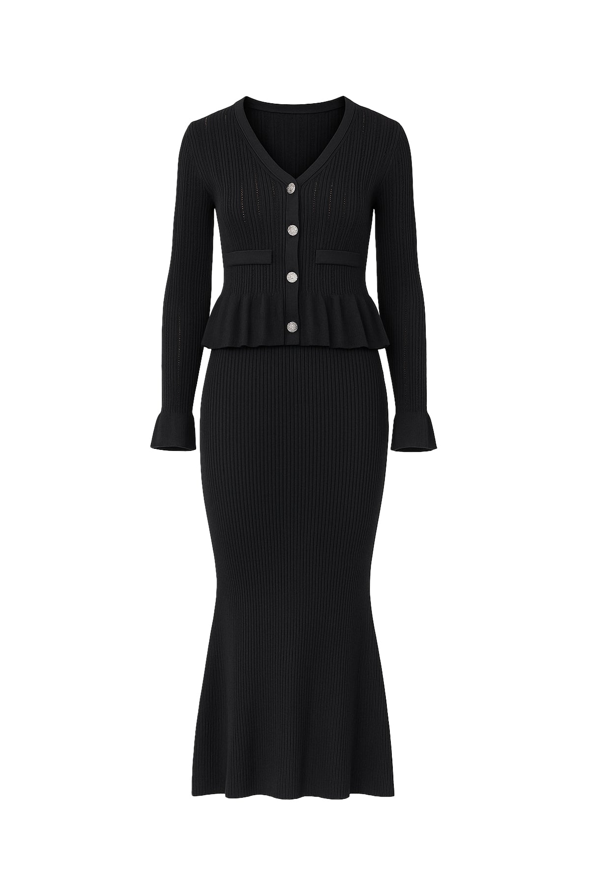 Pointelle Knit Cardigan with Peplum and Midi Skirt Set