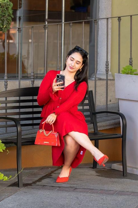 Pointelle Knit Cardigan with Peplum and Midi Skirt Set
