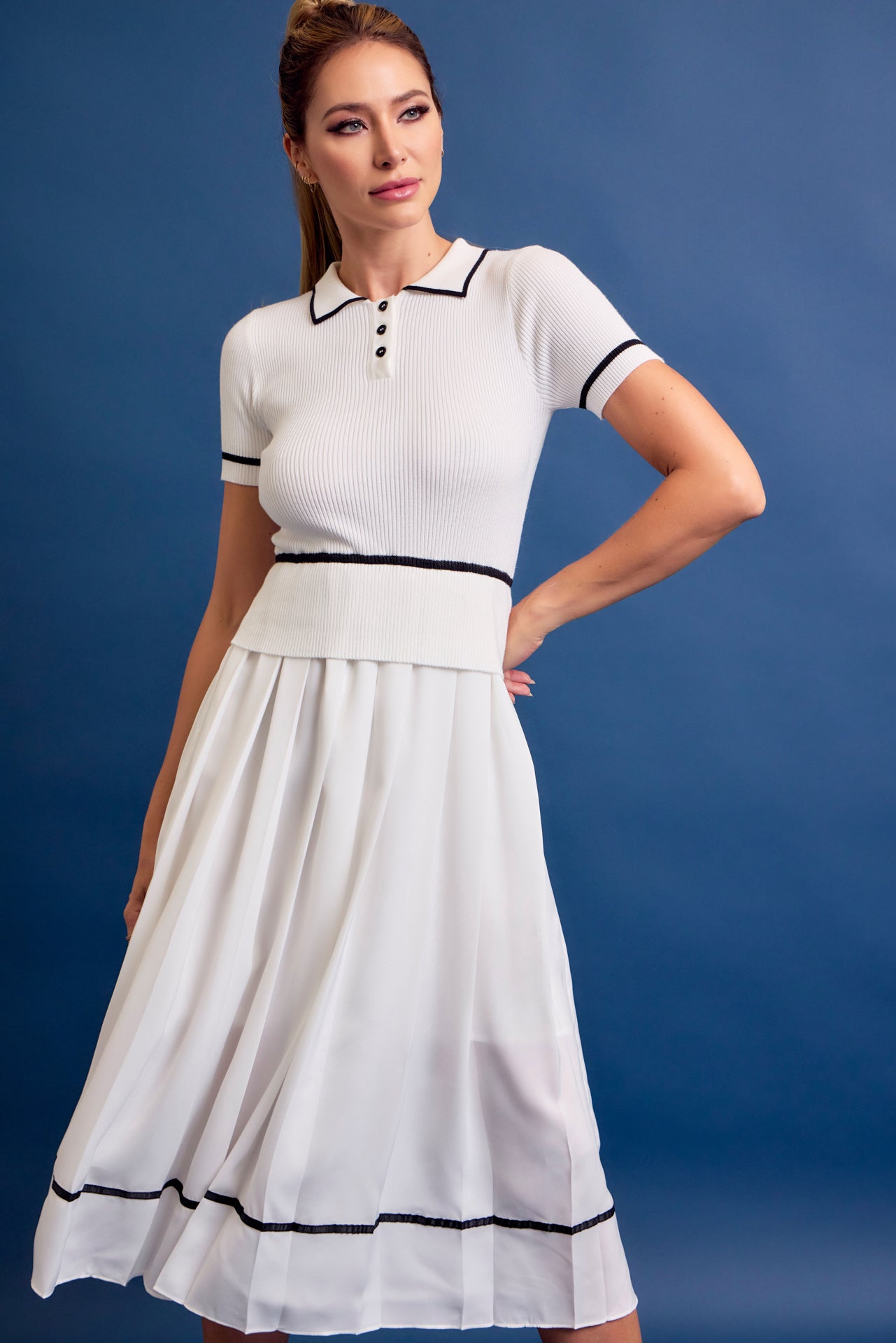 Talyssa Knit Slvls Midi Dress with Pleated Woven Skirt