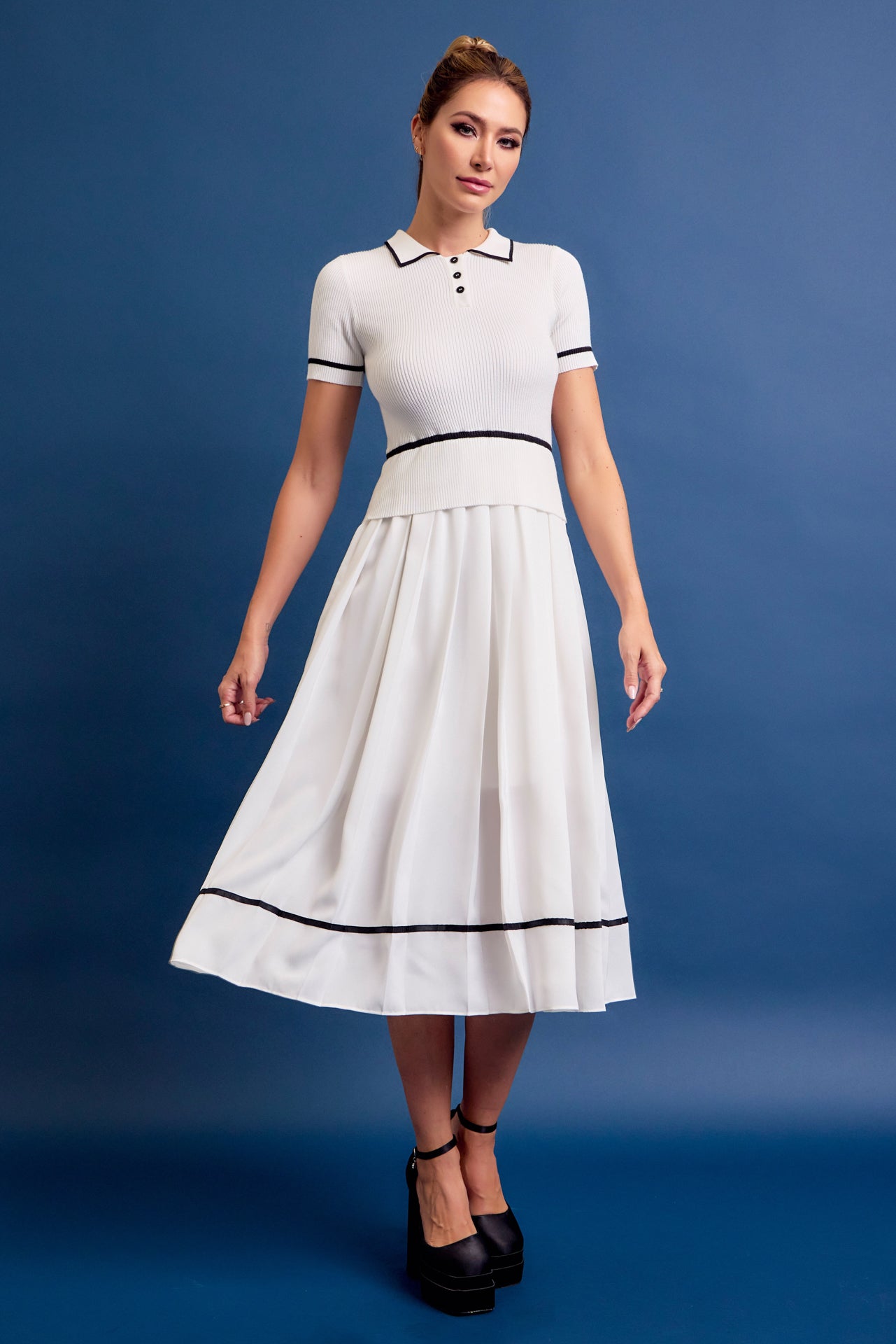 Talyssa Knit Slvls Midi Dress with Pleated Woven Skirt