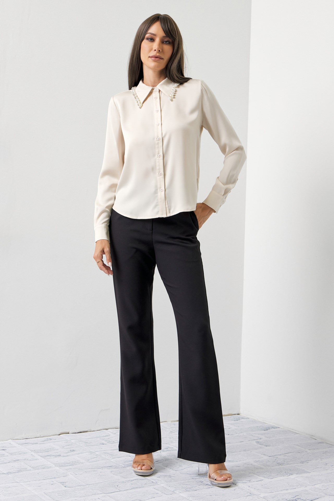 Made Sleek Woven Pearl Collar Embellished Shirt