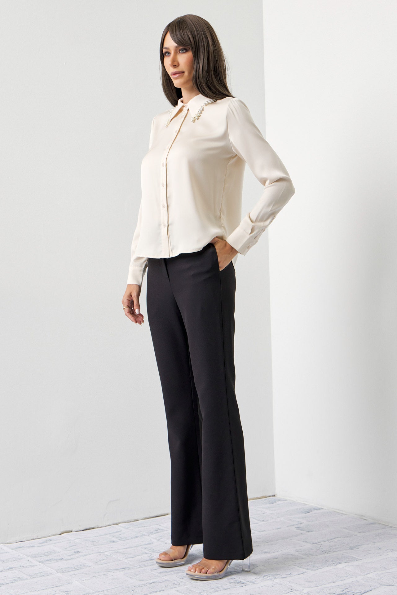 Made Sleek Woven Pearl Collar Embellished Shirt