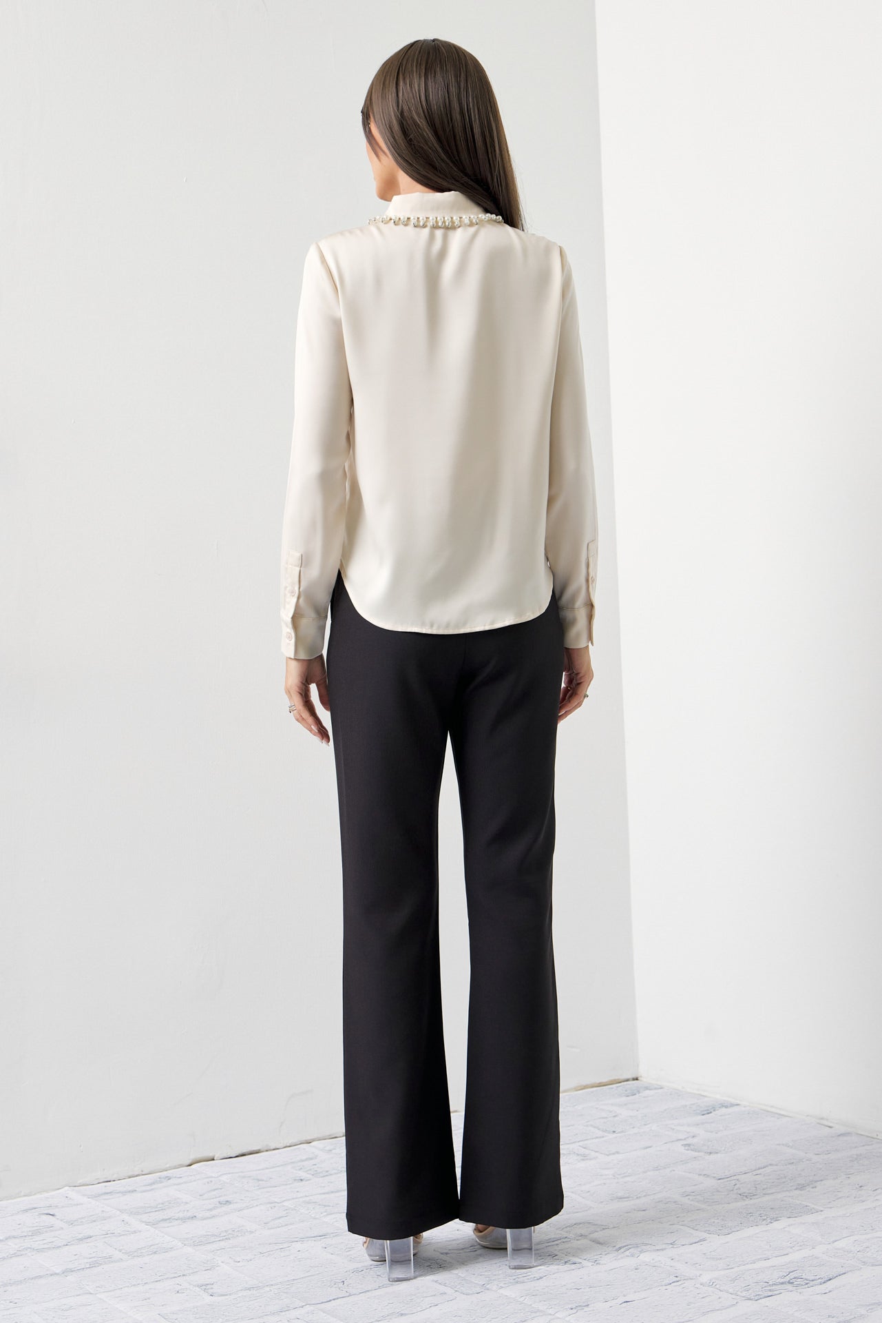 Made Sleek Woven Pearl Collar Embellished Shirt