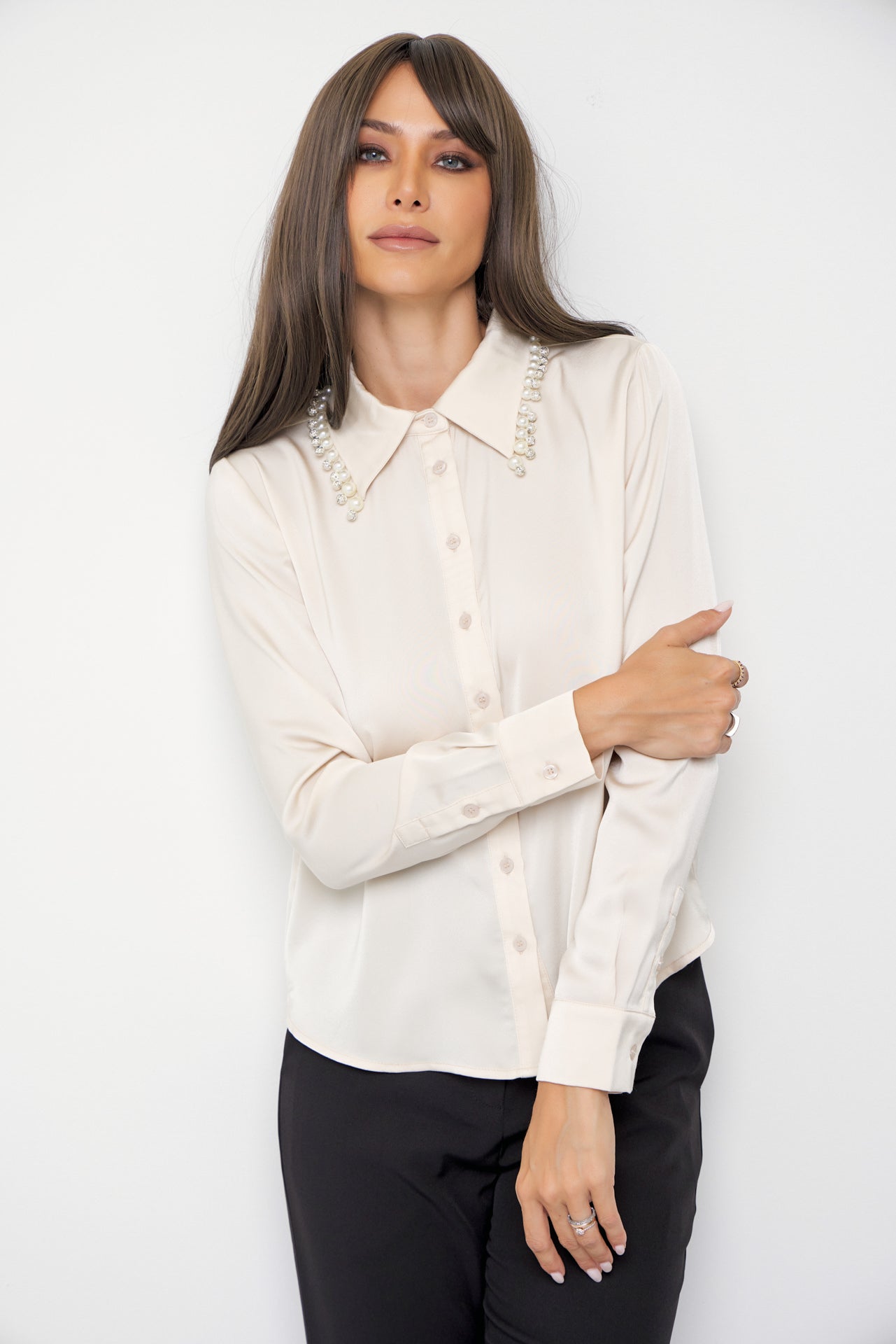 Made Sleek Woven Pearl Collar Embellished Shirt