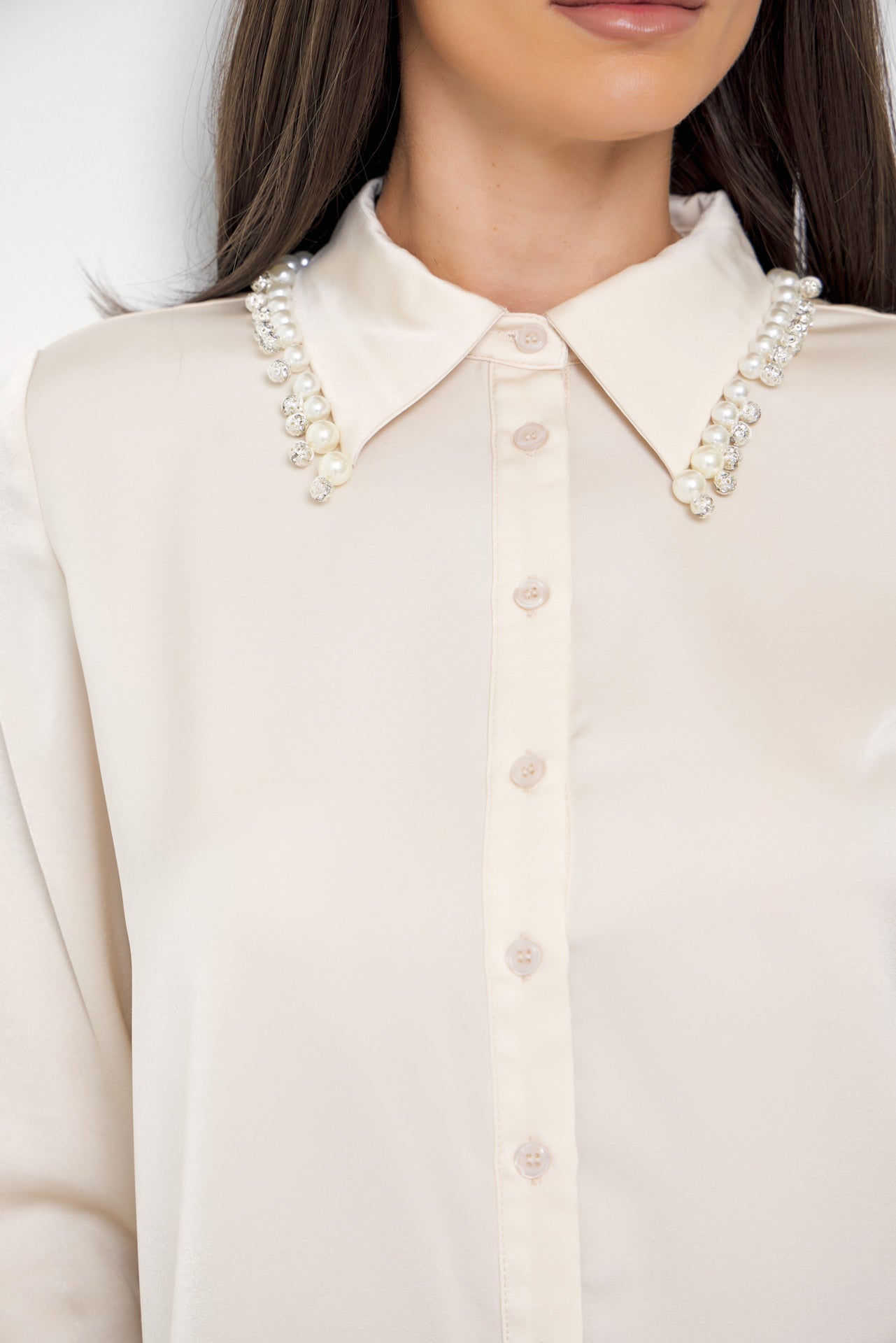 Made Sleek Woven Pearl Collar Embellished Shirt
