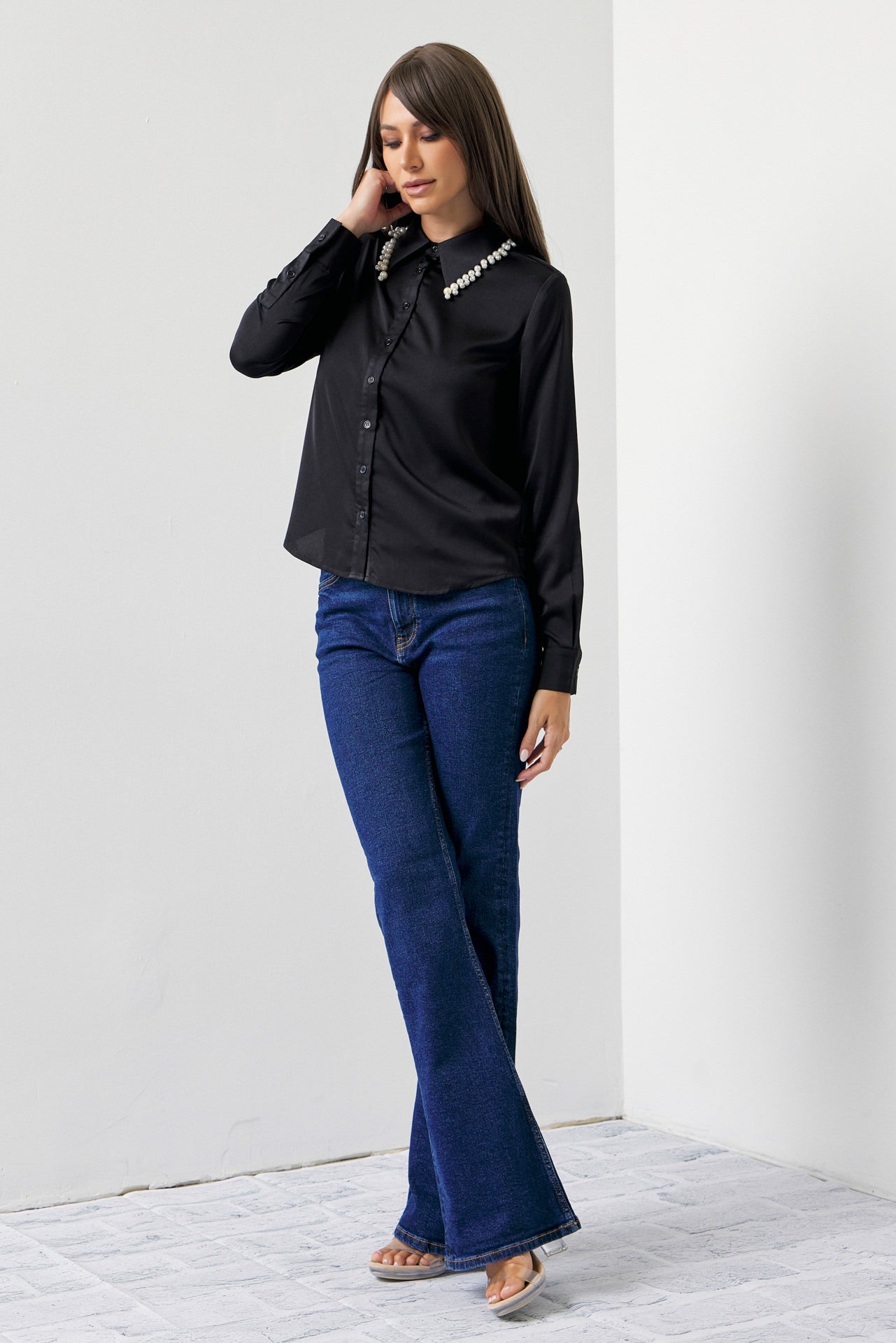 Made Sleek Woven Pearl Collar Embellished Shirt