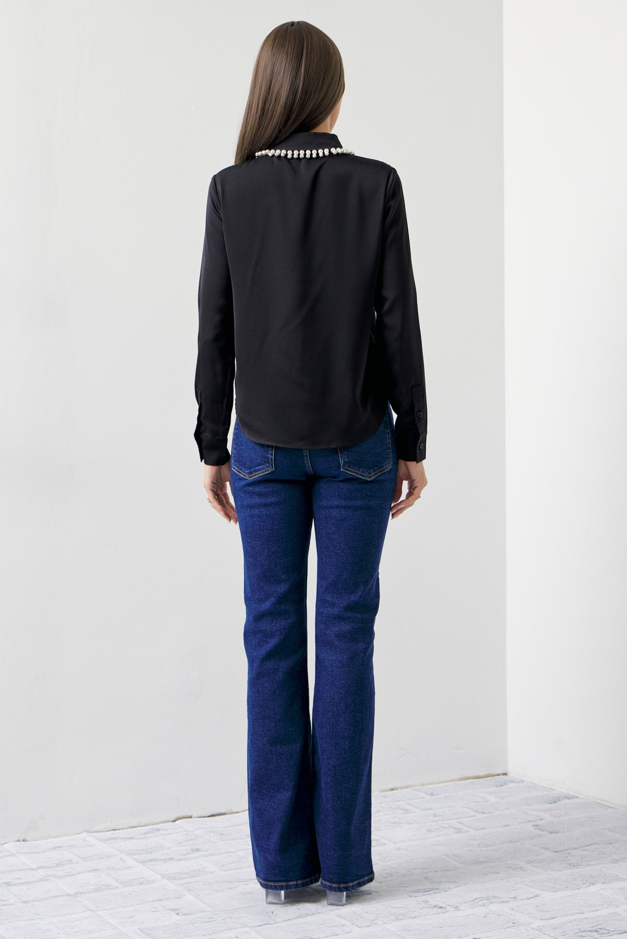 Made Sleek Woven Pearl Collar Embellished Shirt